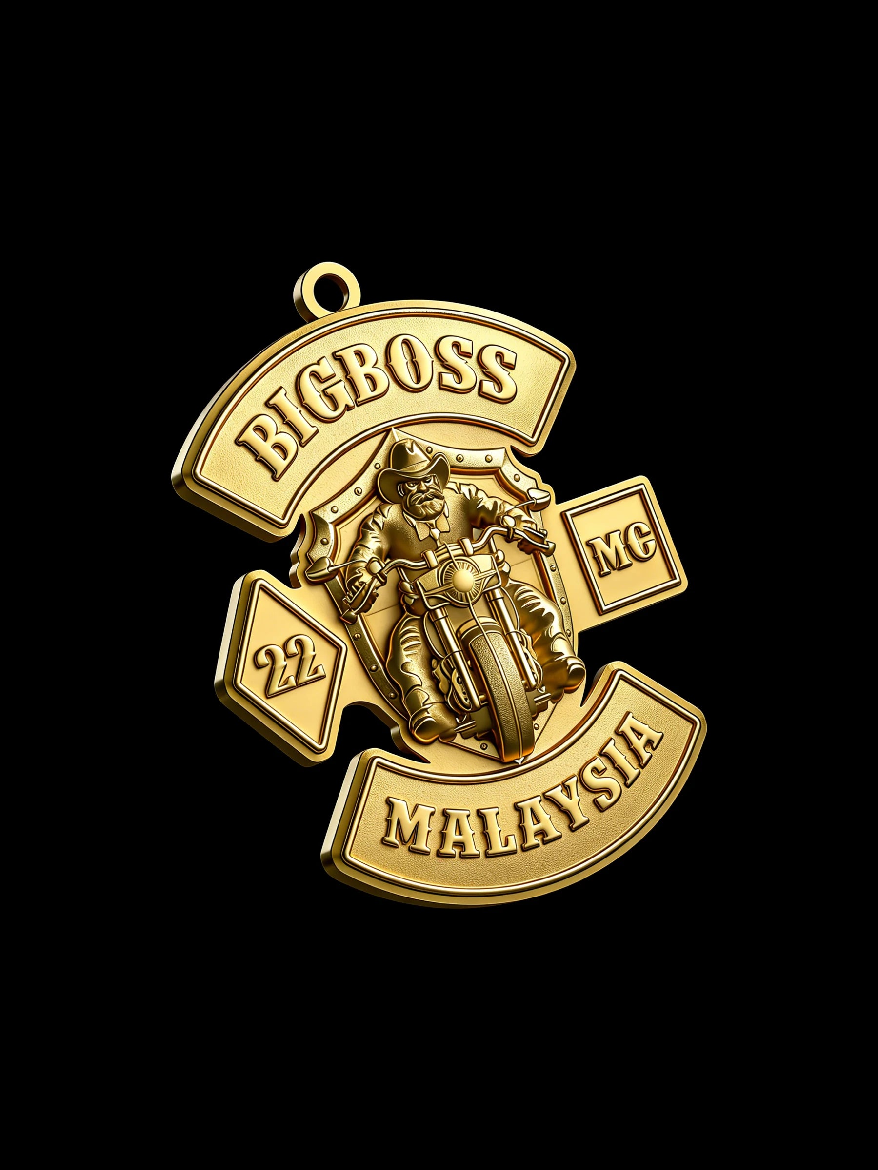 Custom boss helmet motorcycle club pendant craftsmanship reference, right angle