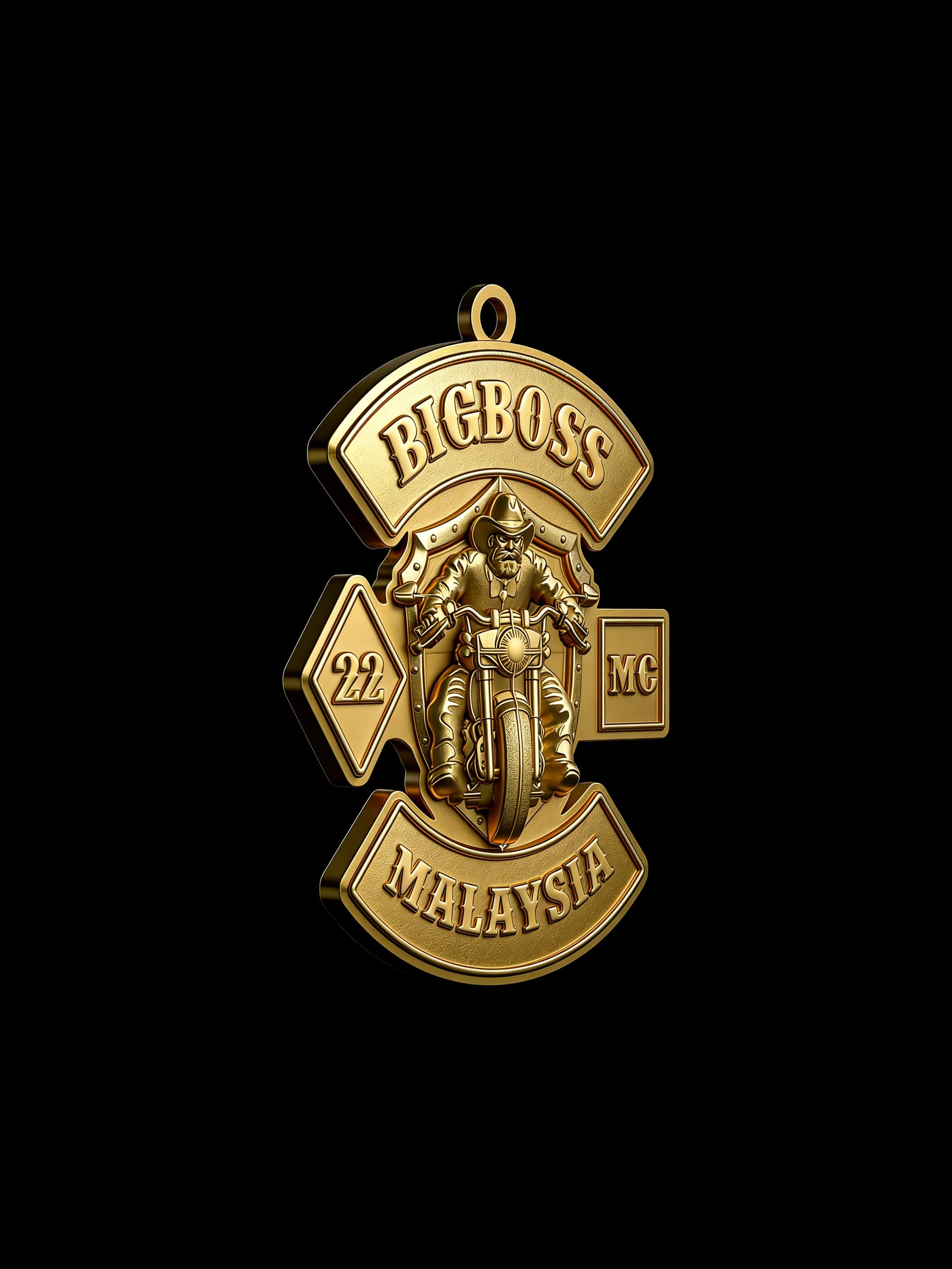 Custom boss helmet motorcycle club pendant craftsmanship reference, side profile