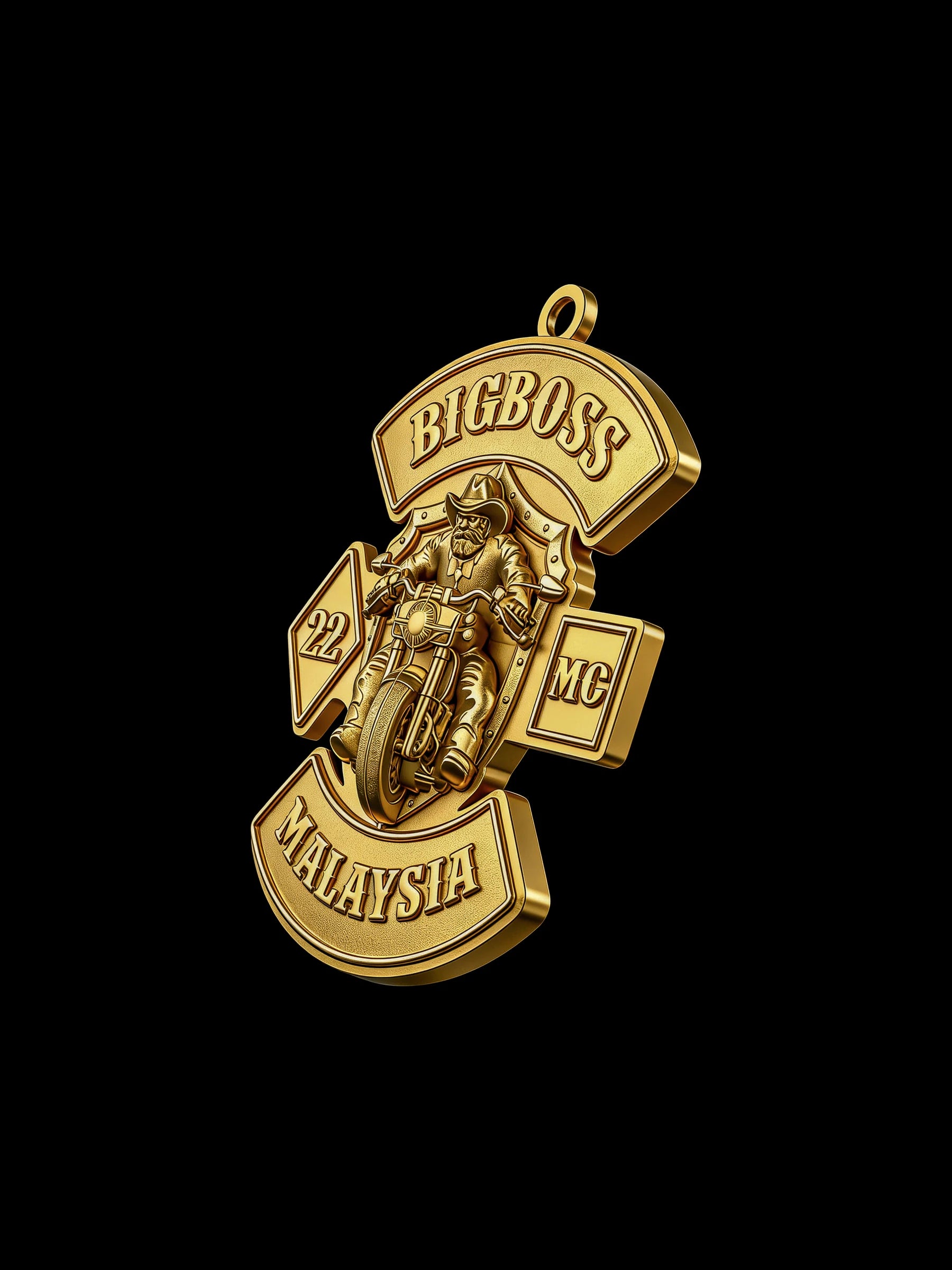 Custom boss helmet motorcycle club pendant craftsmanship reference, three quarter view