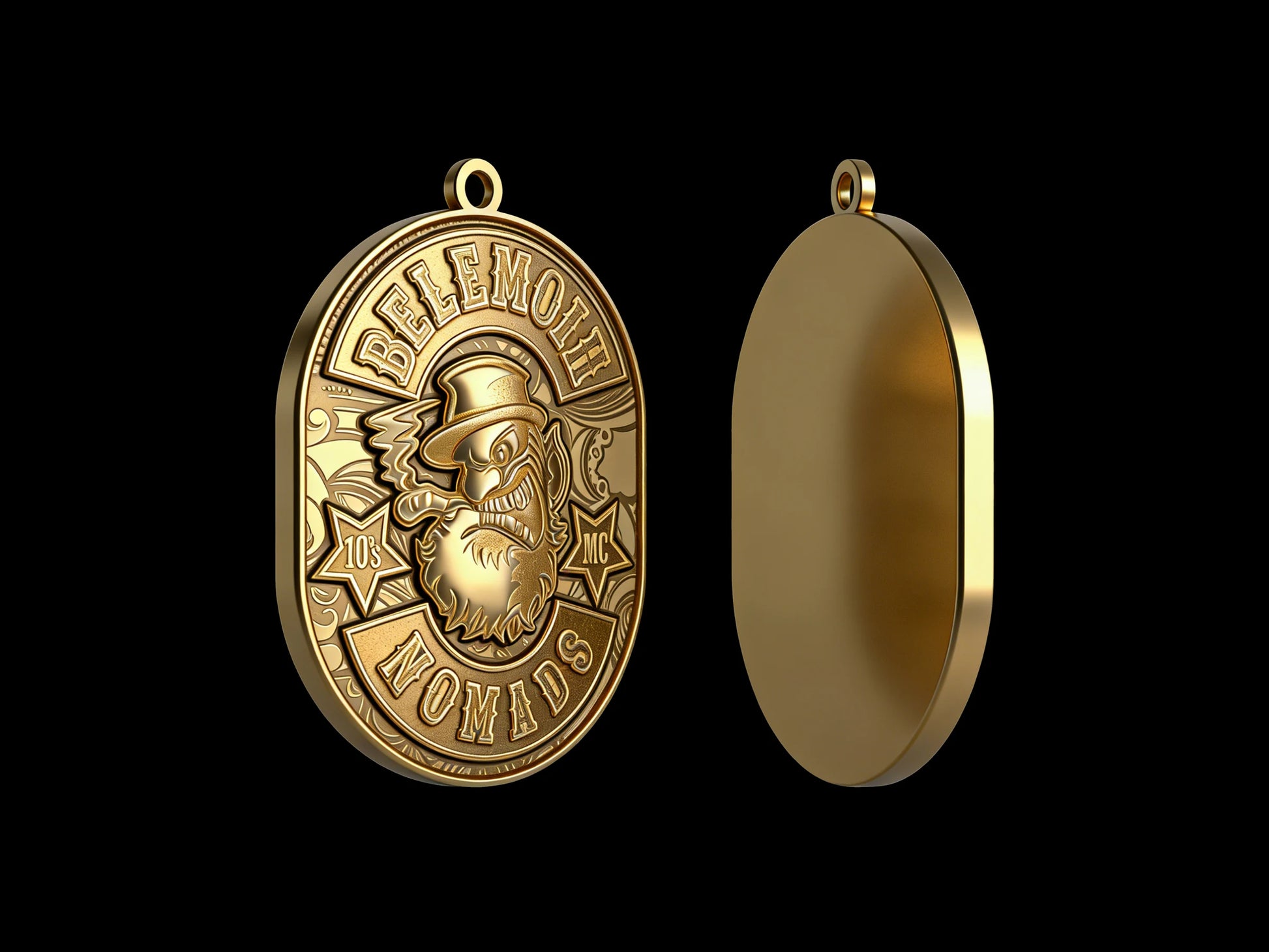 Custom buffalo skull motorcycle club pendant craftsmanship reference, back and front