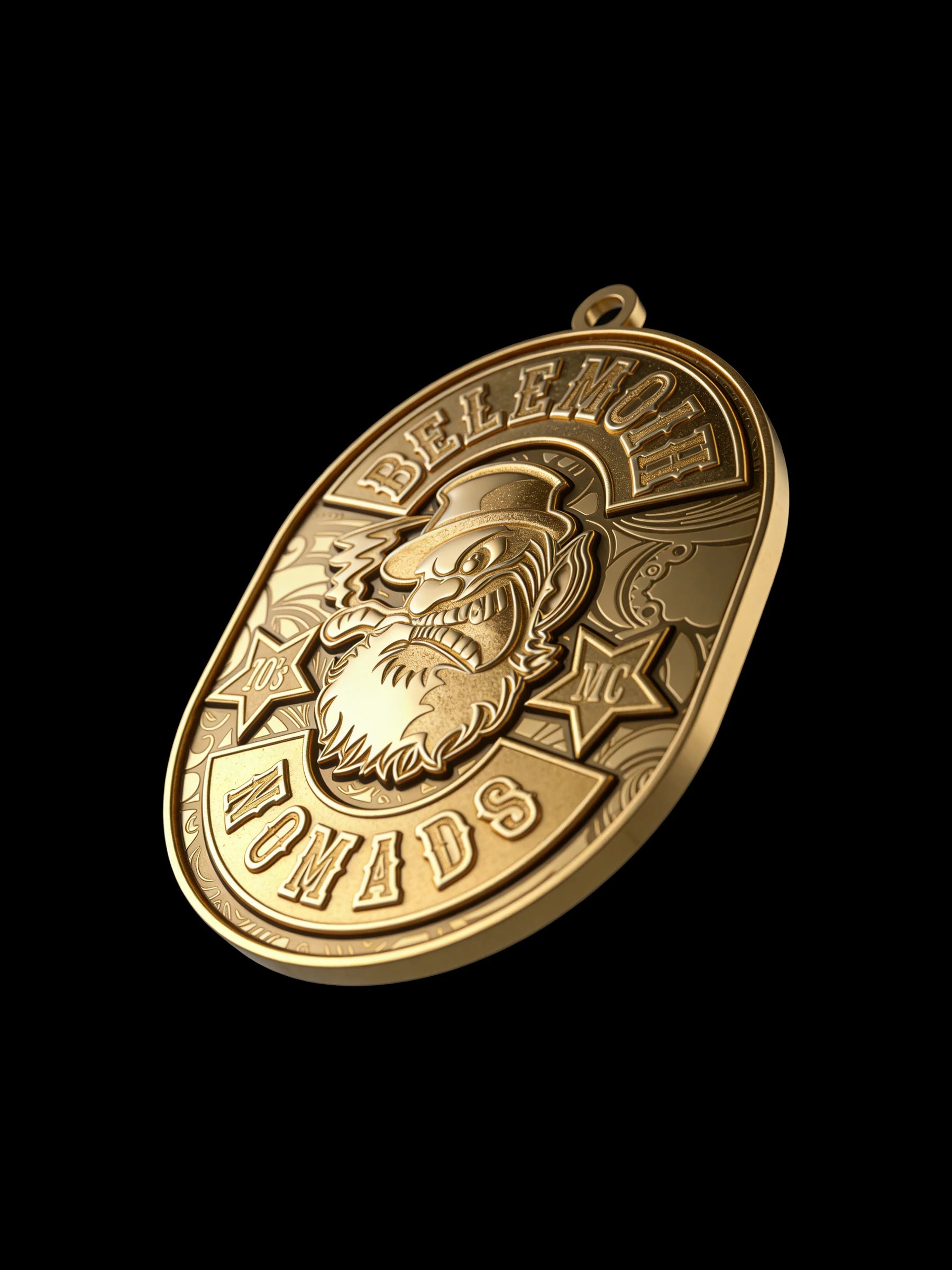 Custom buffalo skull motorcycle club pendant craftsmanship reference, left angle
