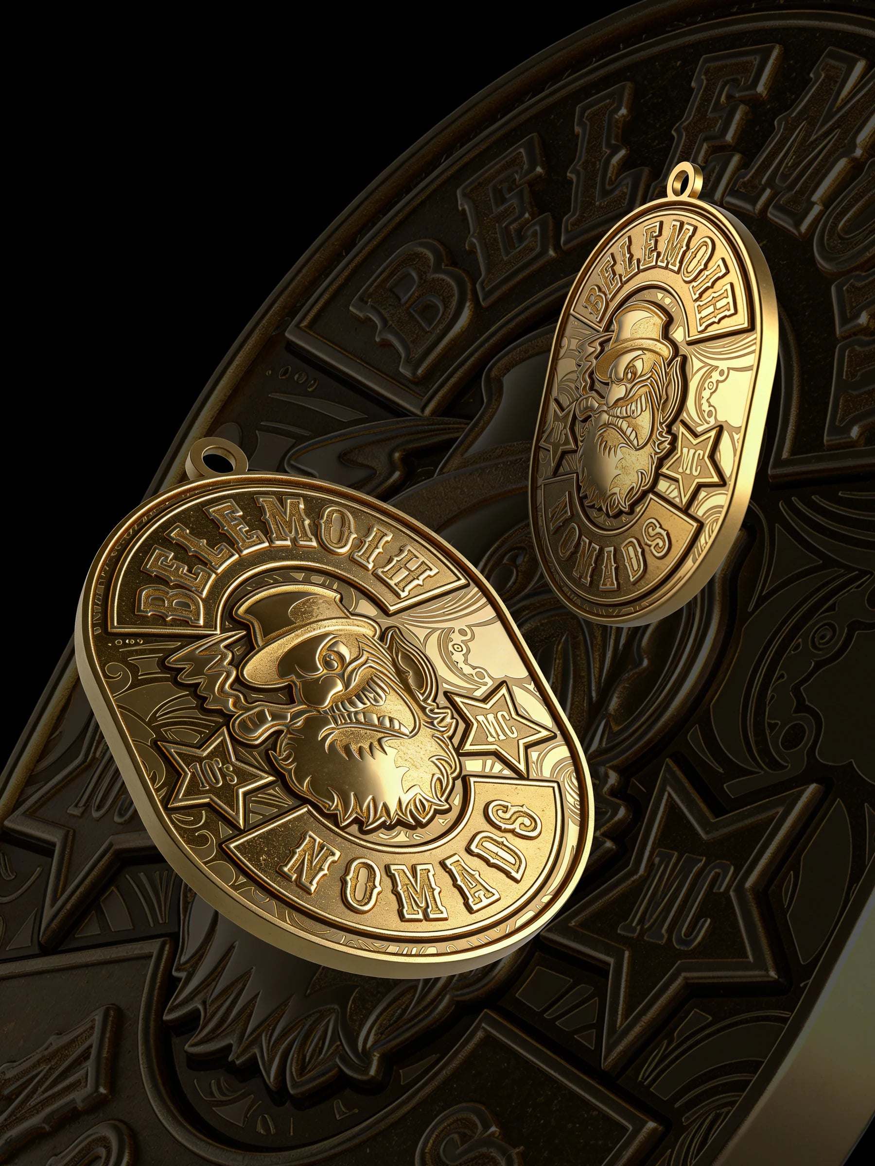 Custom buffalo skull motorcycle club pendant craftsmanship reference, paired display