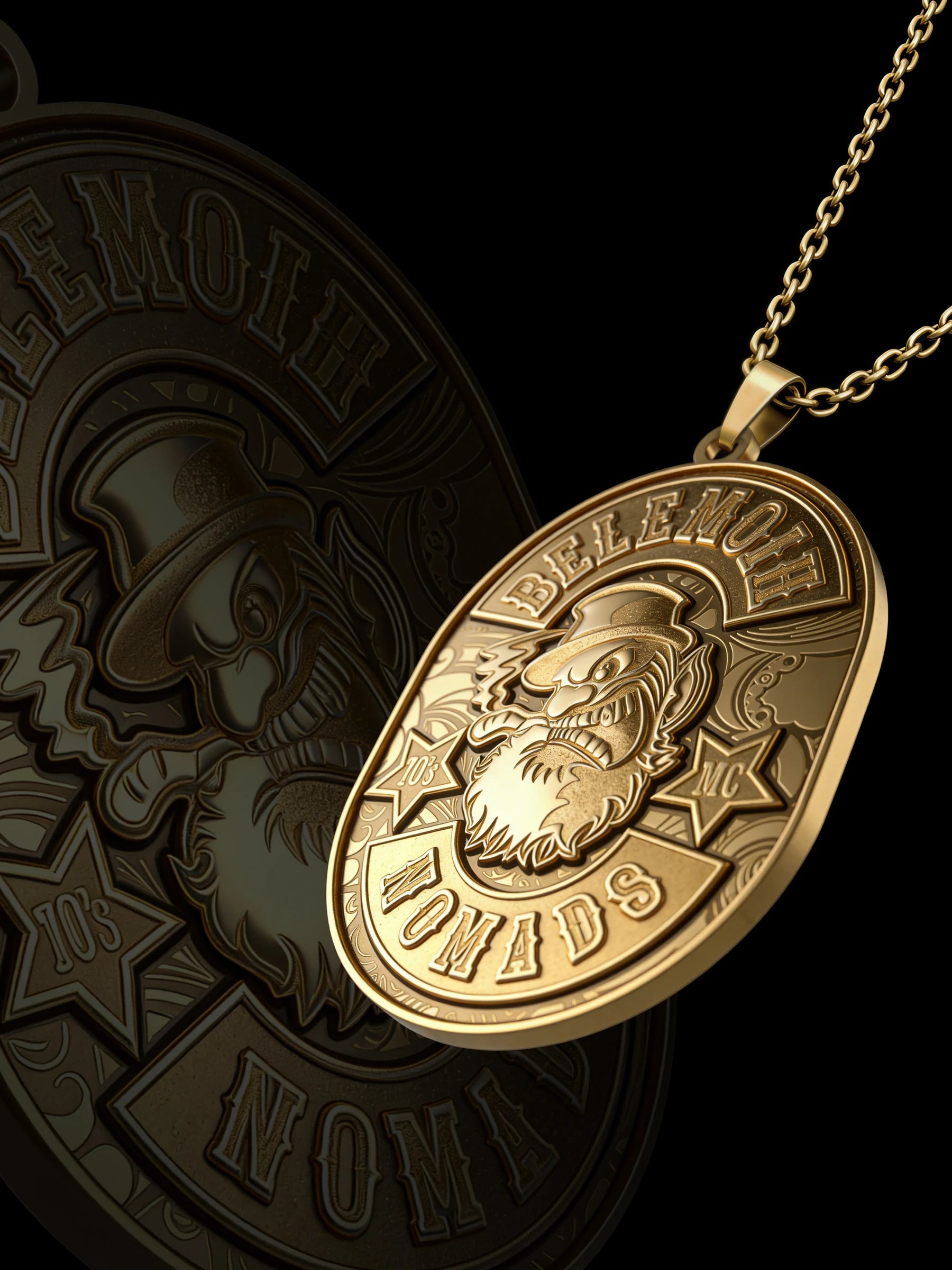 Custom buffalo skull motorcycle club pendant craftsmanship reference, raised relief detail