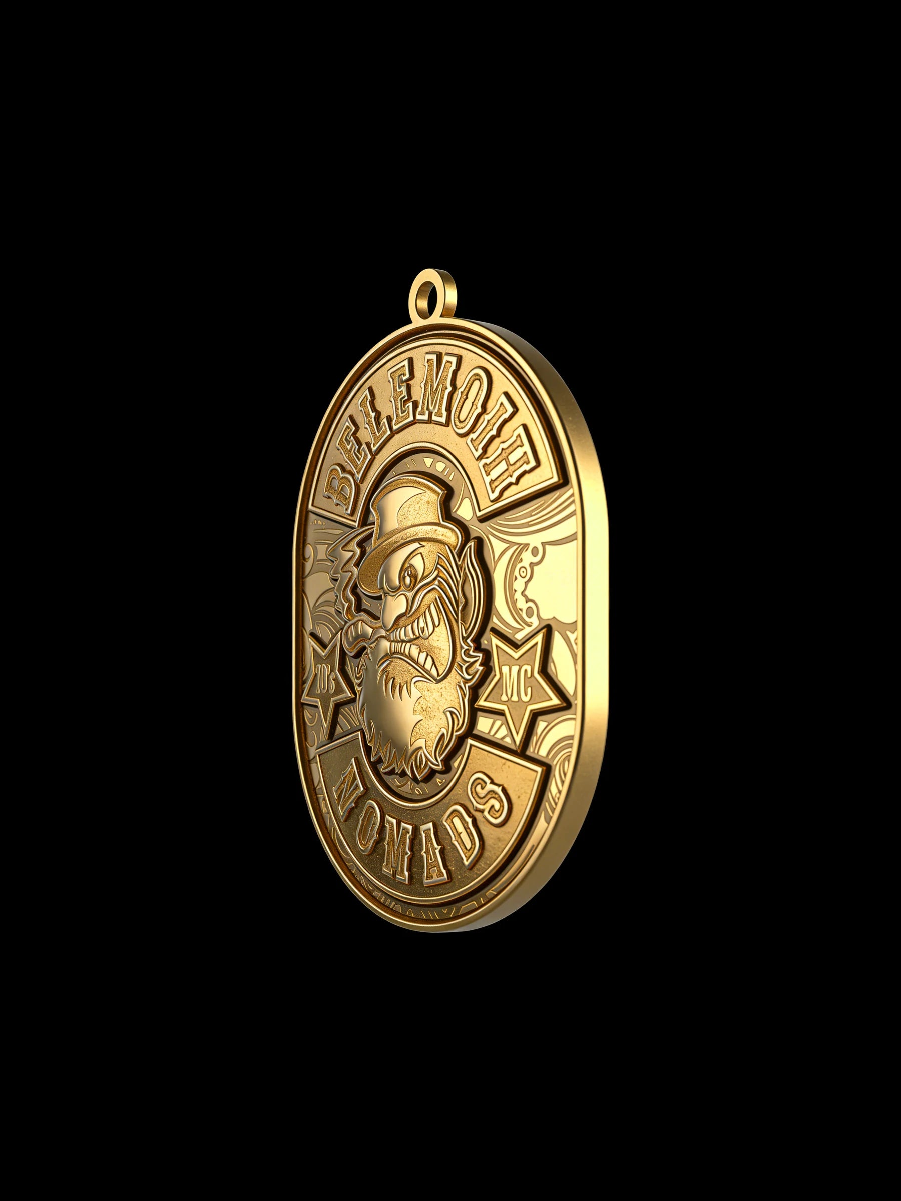 Custom buffalo skull motorcycle club pendant craftsmanship reference, three quarter view