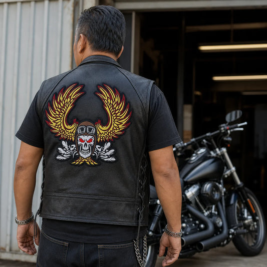Large custom motorcycle club center back patch on a leather vest.