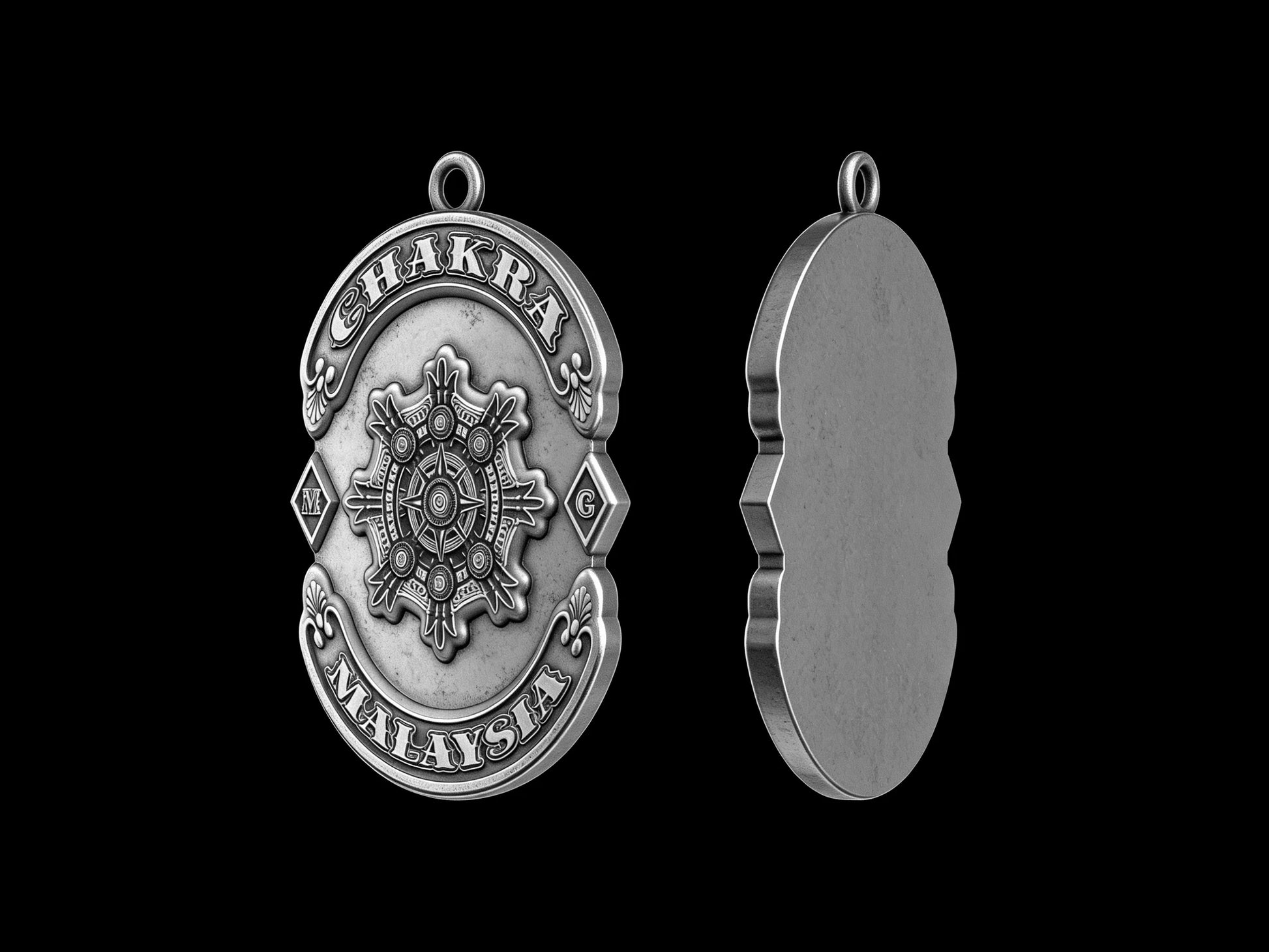 Custom chakra wheel motorcycle club pendant craftsmanship reference, back and front