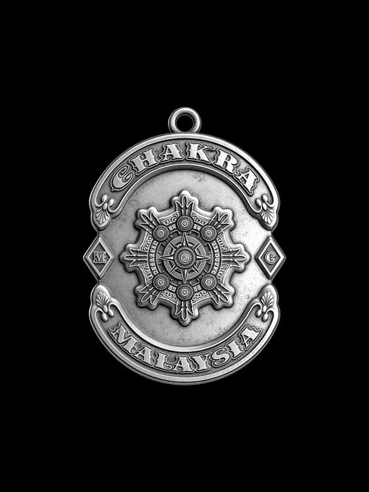 Custom chakra wheel motorcycle club pendant craftsmanship reference, front view
