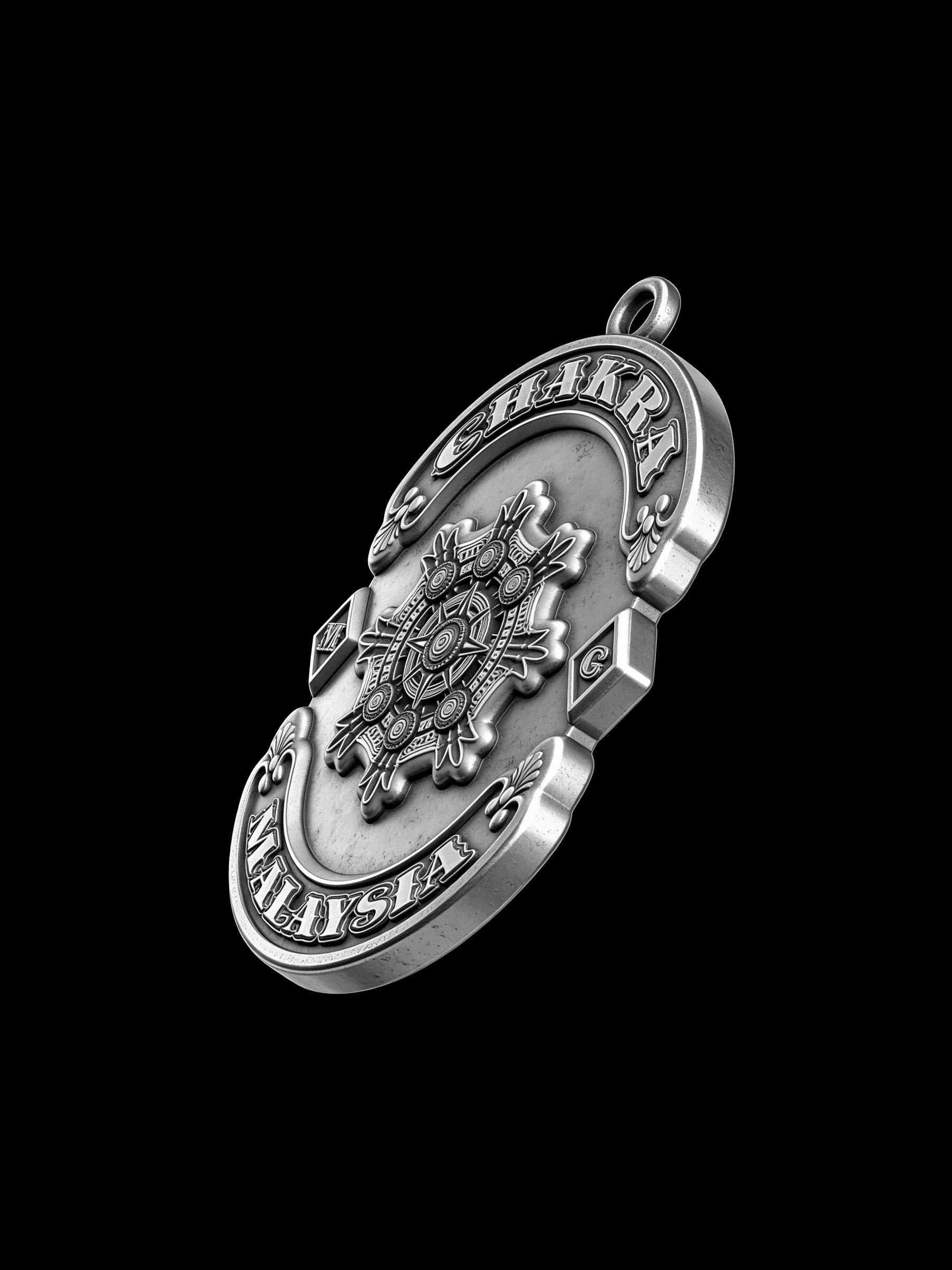 Custom chakra wheel motorcycle club pendant craftsmanship reference, left angle