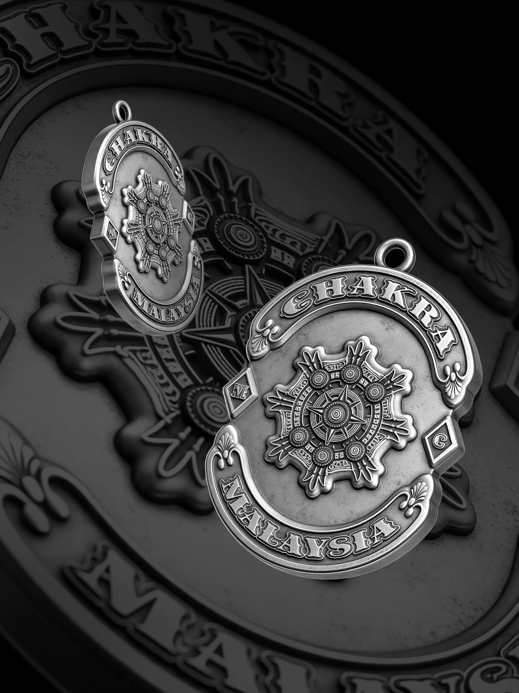 Custom chakra wheel motorcycle club pendant craftsmanship reference, paired display