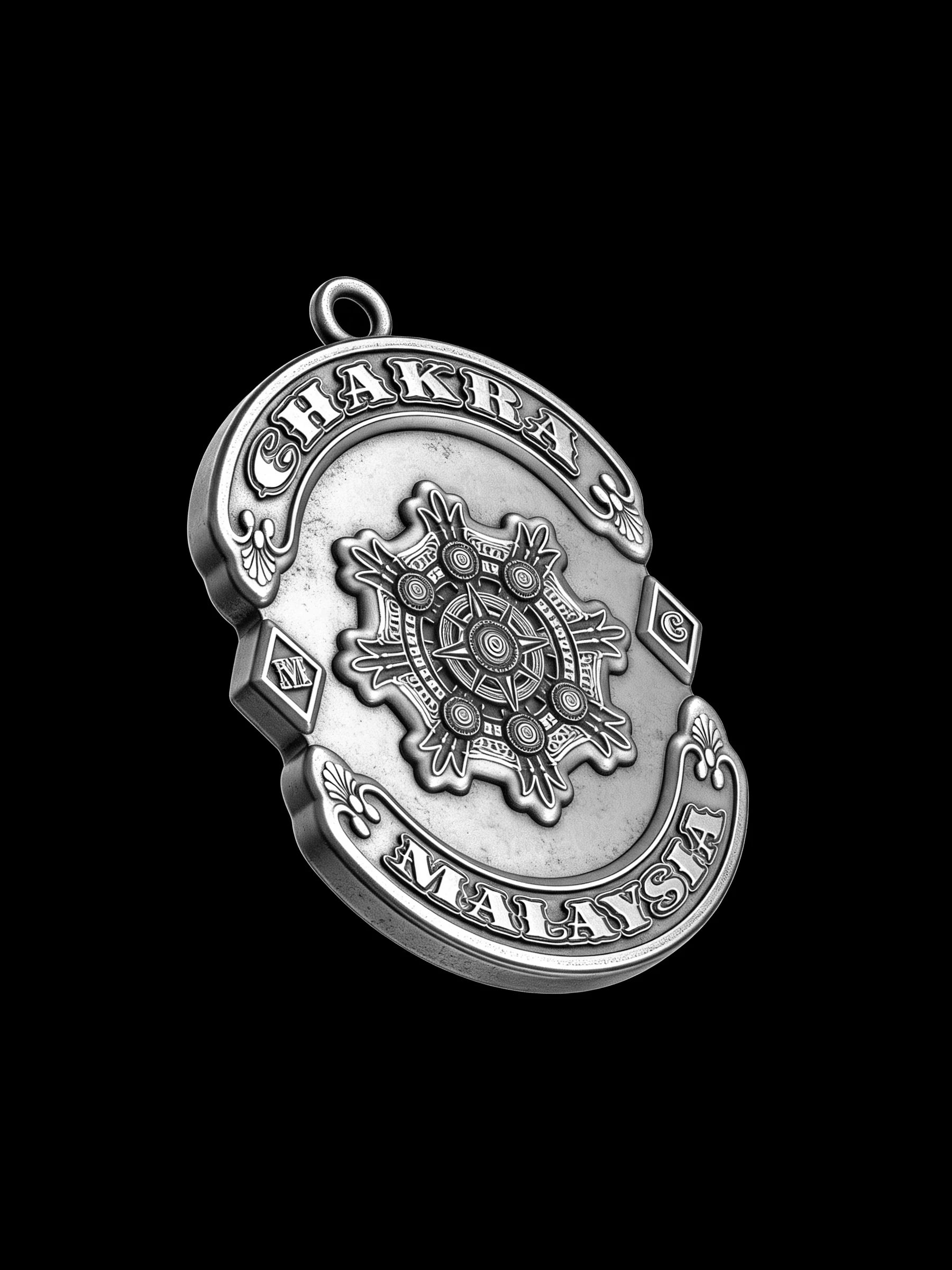 Custom chakra wheel motorcycle club pendant craftsmanship reference, right angle