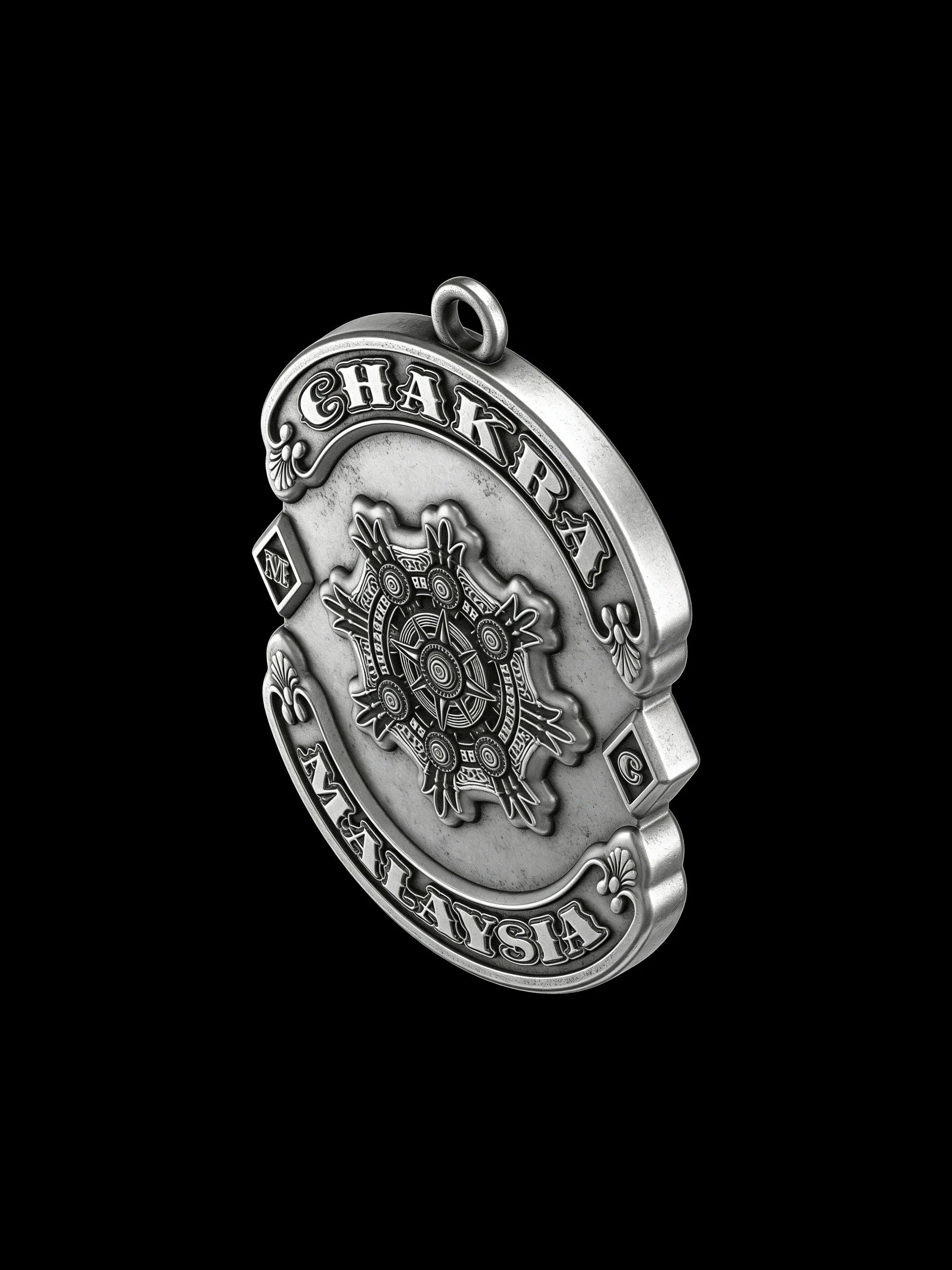 Custom chakra wheel motorcycle club pendant craftsmanship reference, side profile