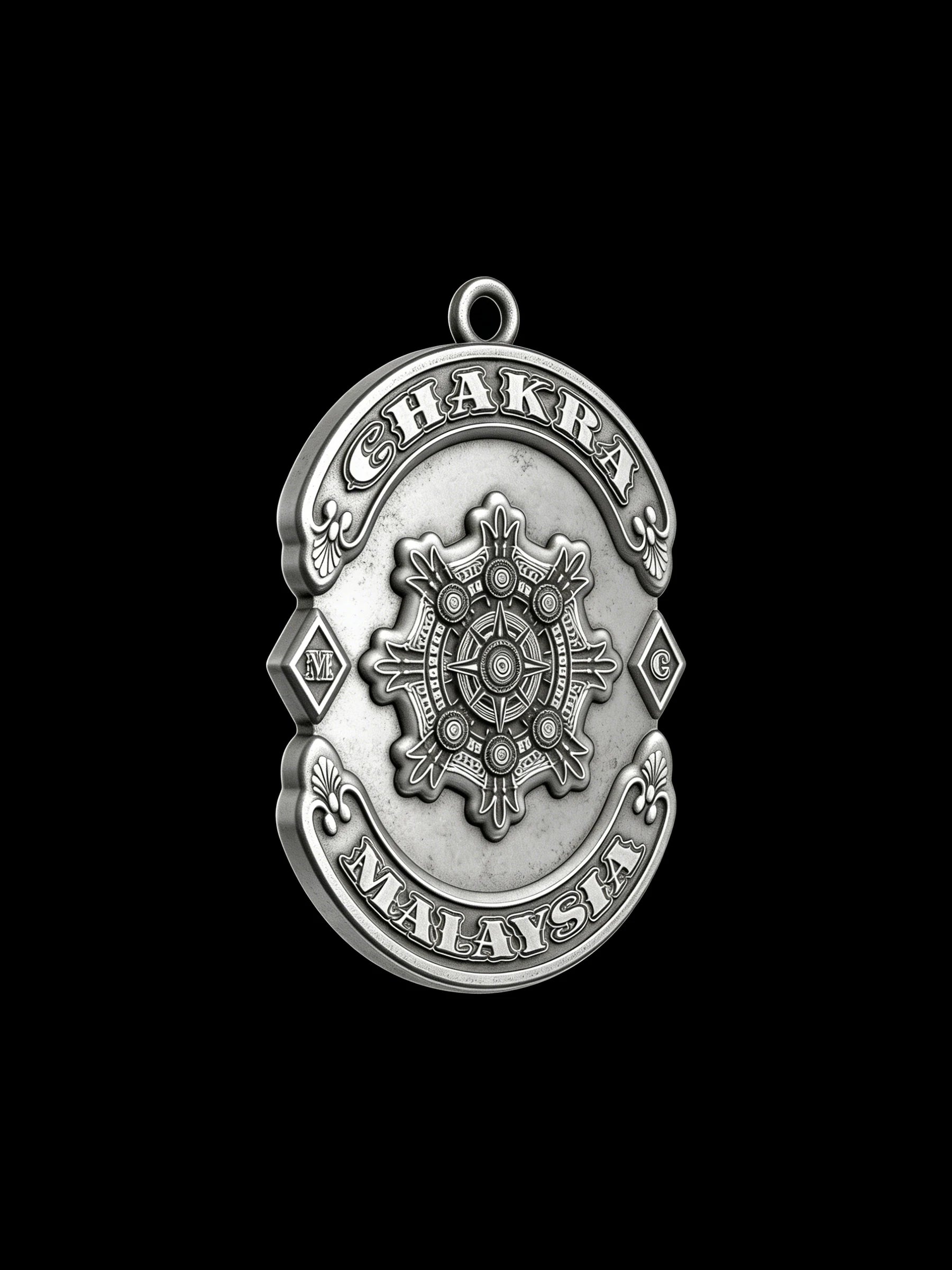 Custom chakra wheel motorcycle club pendant craftsmanship reference, three quarter view