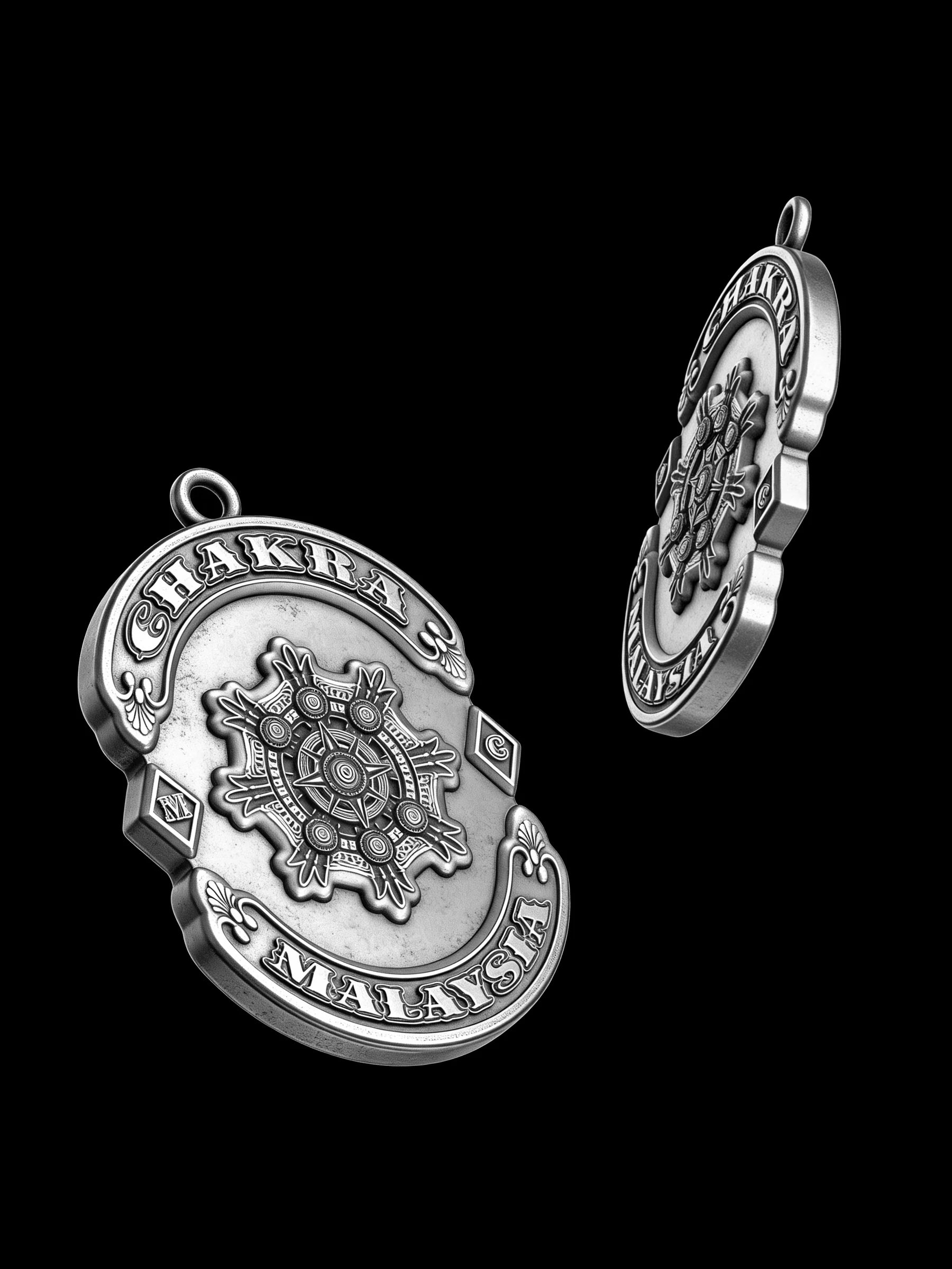 Custom chakra wheel motorcycle club pendant craftsmanship reference, with chain