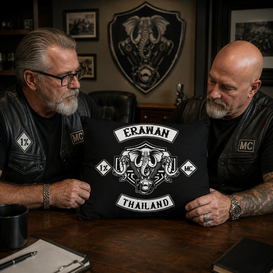 Chapter officers review a custom motorcycle club pillow adapted for their chapter.