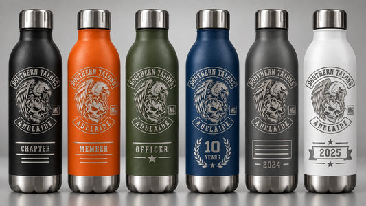Custom water bottles prepared for club, chapter, member and event personalization for a motorcycle club.