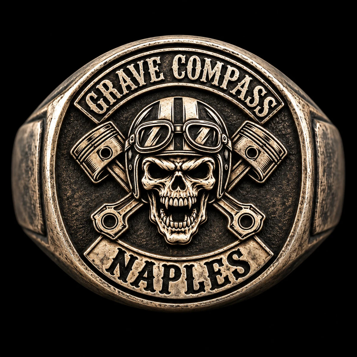 Front view of a white copper Grave Compass motorcycle club ring showing the club emblem centered on the ring face.