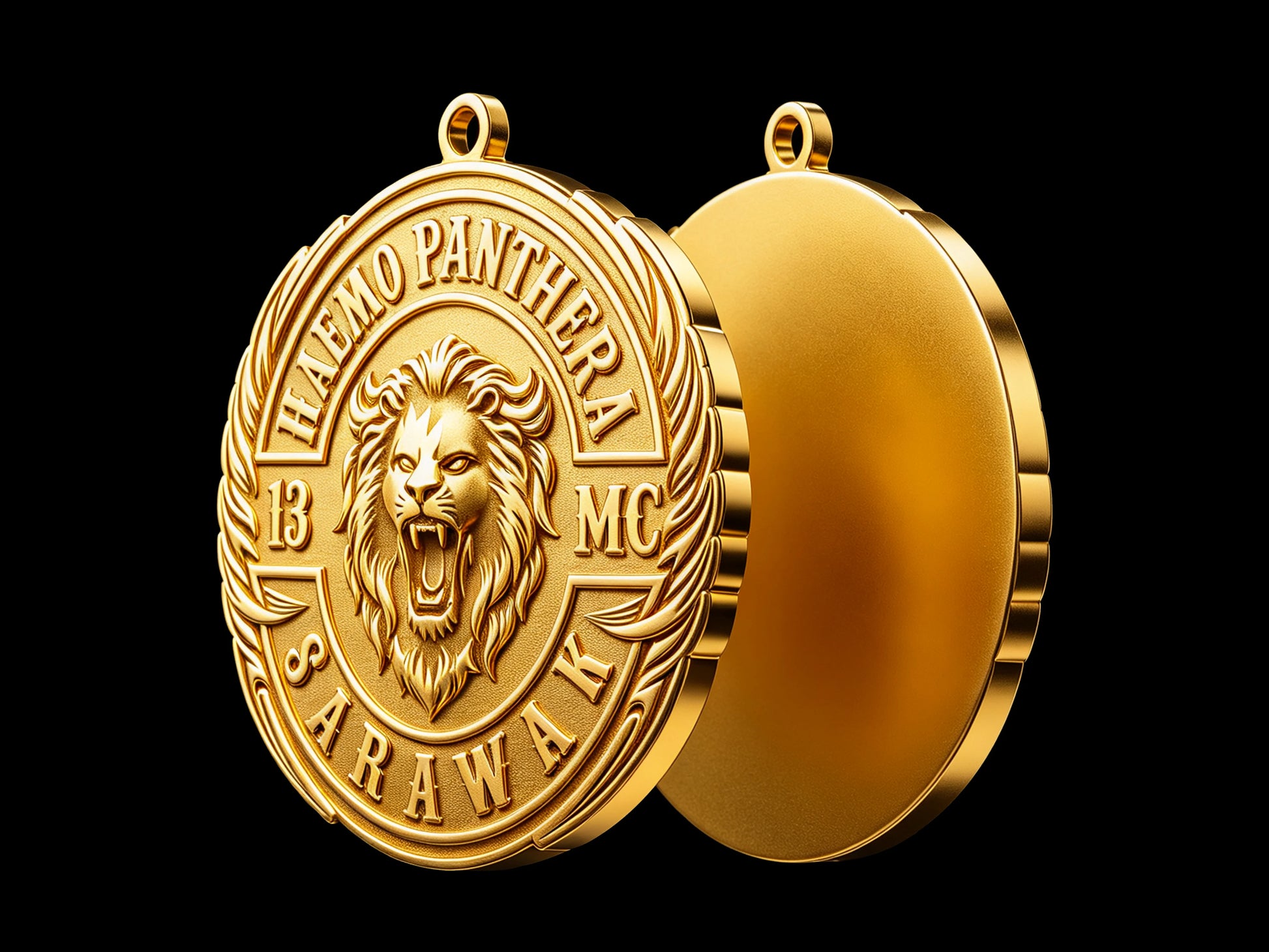 Front relief and plain back views of a custom round motorcycle club pendant