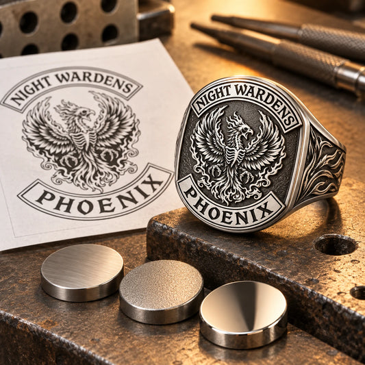Motorcycle club ring displayed with a monochrome design proof and stainless steel finish samples.