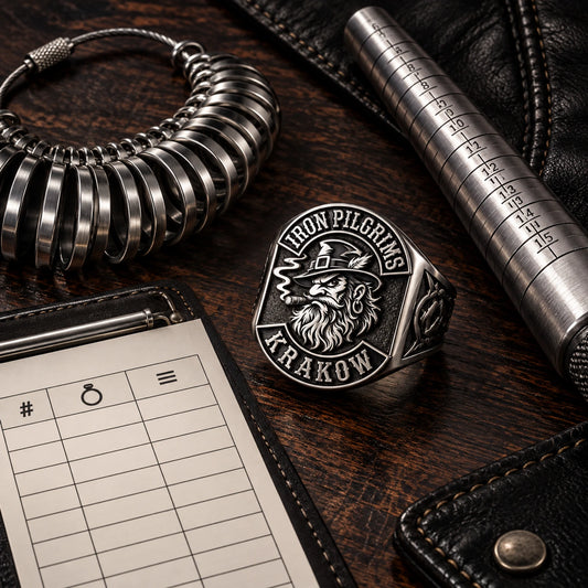 Motorcycle club ring displayed with a physical ring sizer, mandrel and blank member list.
