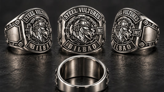 Stainless steel club ring shown from the front, shoulders and inside band for personalization planning.
