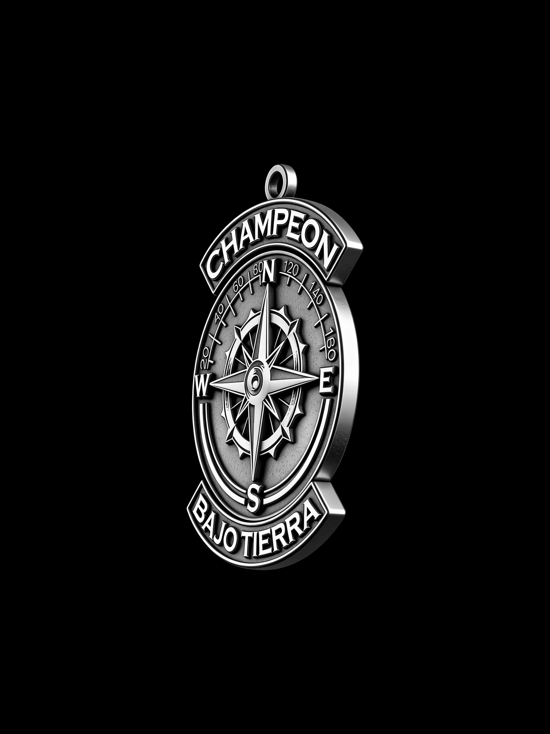 Custom compass wheel motorcycle club pendant craftsmanship reference, three quarter view
