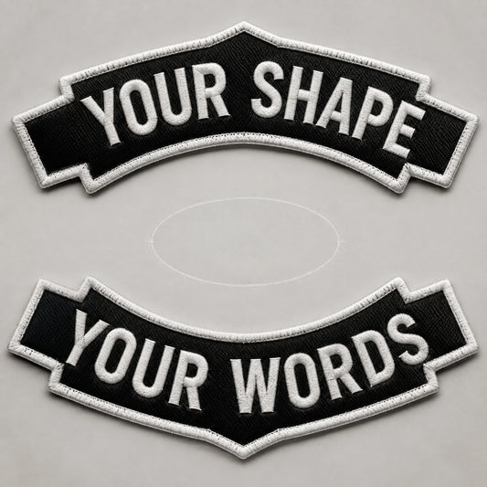 Custom motorcycle club contour rocker pair arranged around a neutral blank center-patch silhouette.