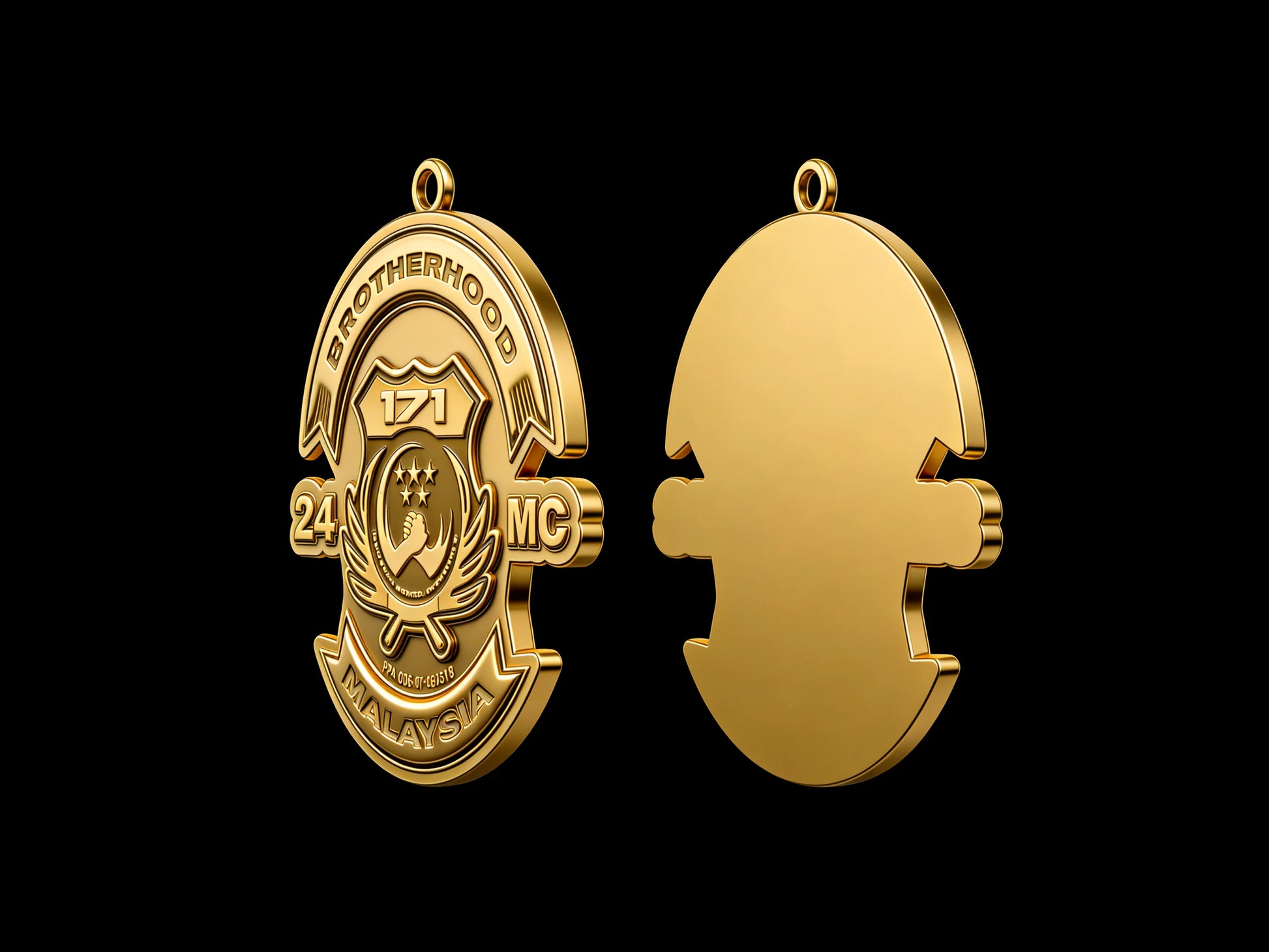 Custom crescent and star motorcycle club pendant craftsmanship reference, back and front