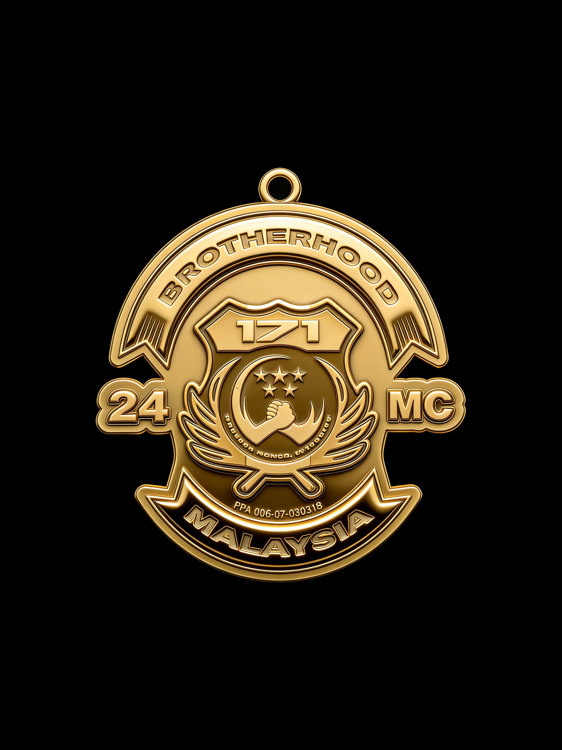 Custom crescent and star motorcycle club pendant craftsmanship reference, front view