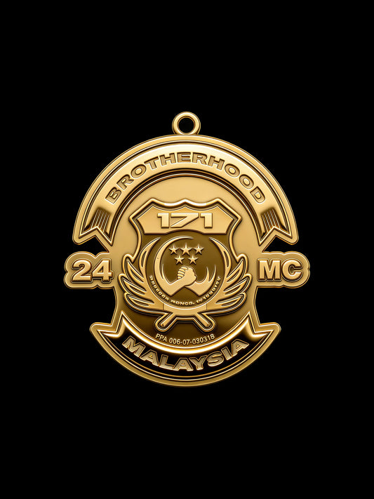Custom crescent and star motorcycle club pendant craftsmanship reference, front view