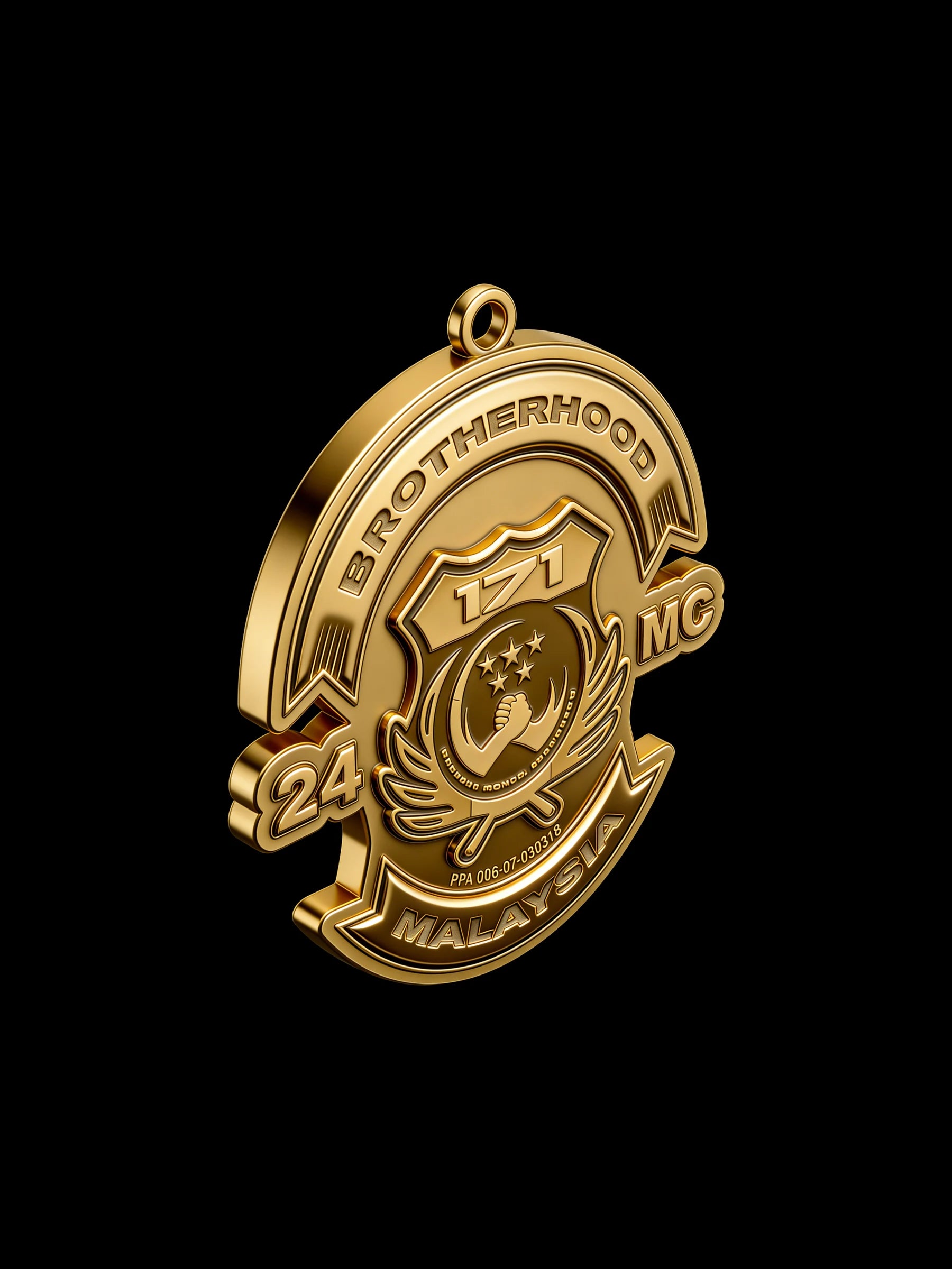 Custom crescent and star motorcycle club pendant craftsmanship reference, left angle