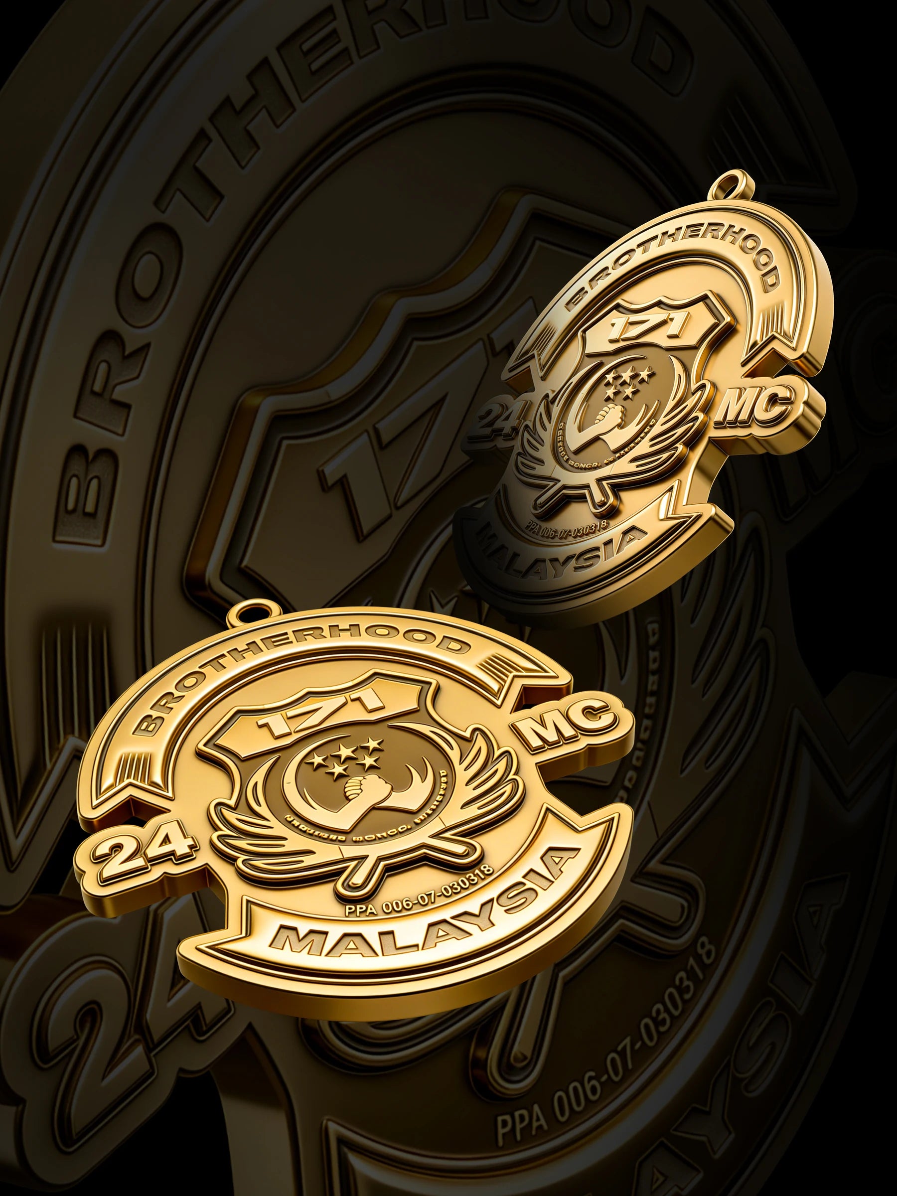 Custom crescent and star motorcycle club pendant craftsmanship reference, paired display