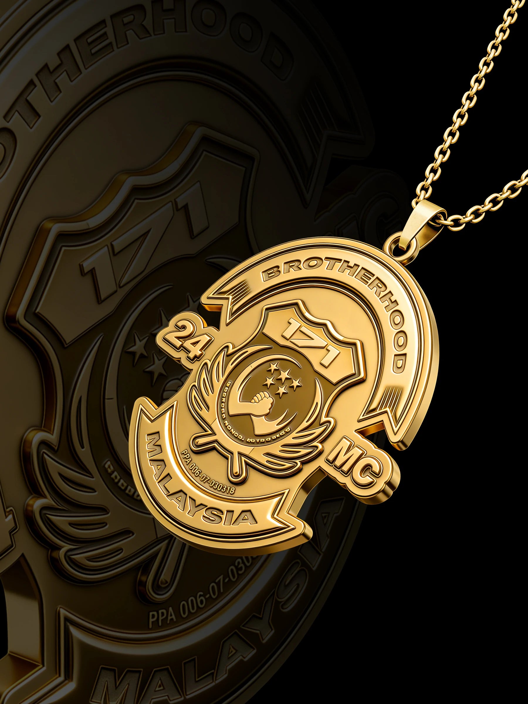 Custom crescent and star motorcycle club pendant craftsmanship reference, raised relief detail
