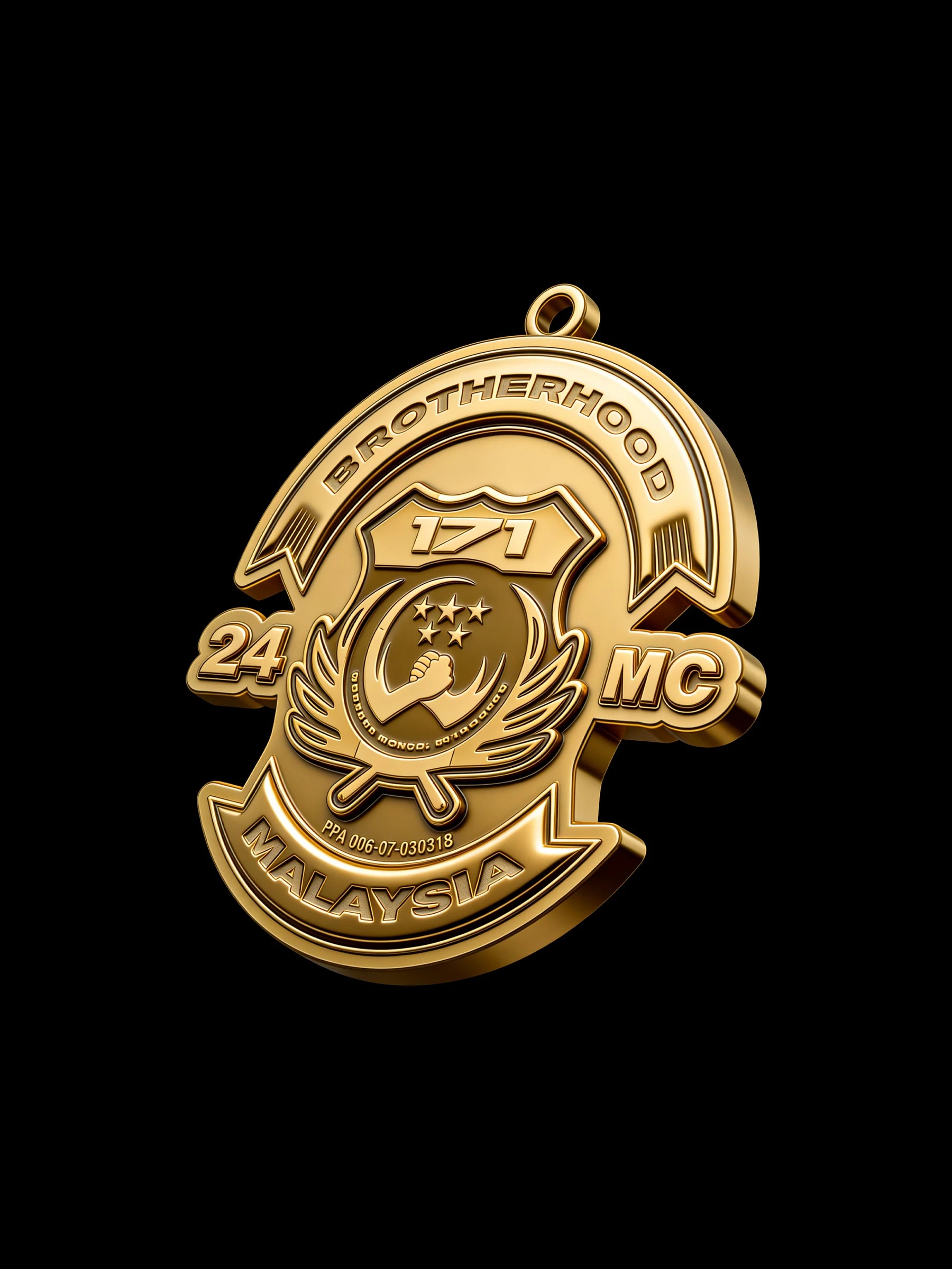 Custom crescent and star motorcycle club pendant craftsmanship reference, right angle
