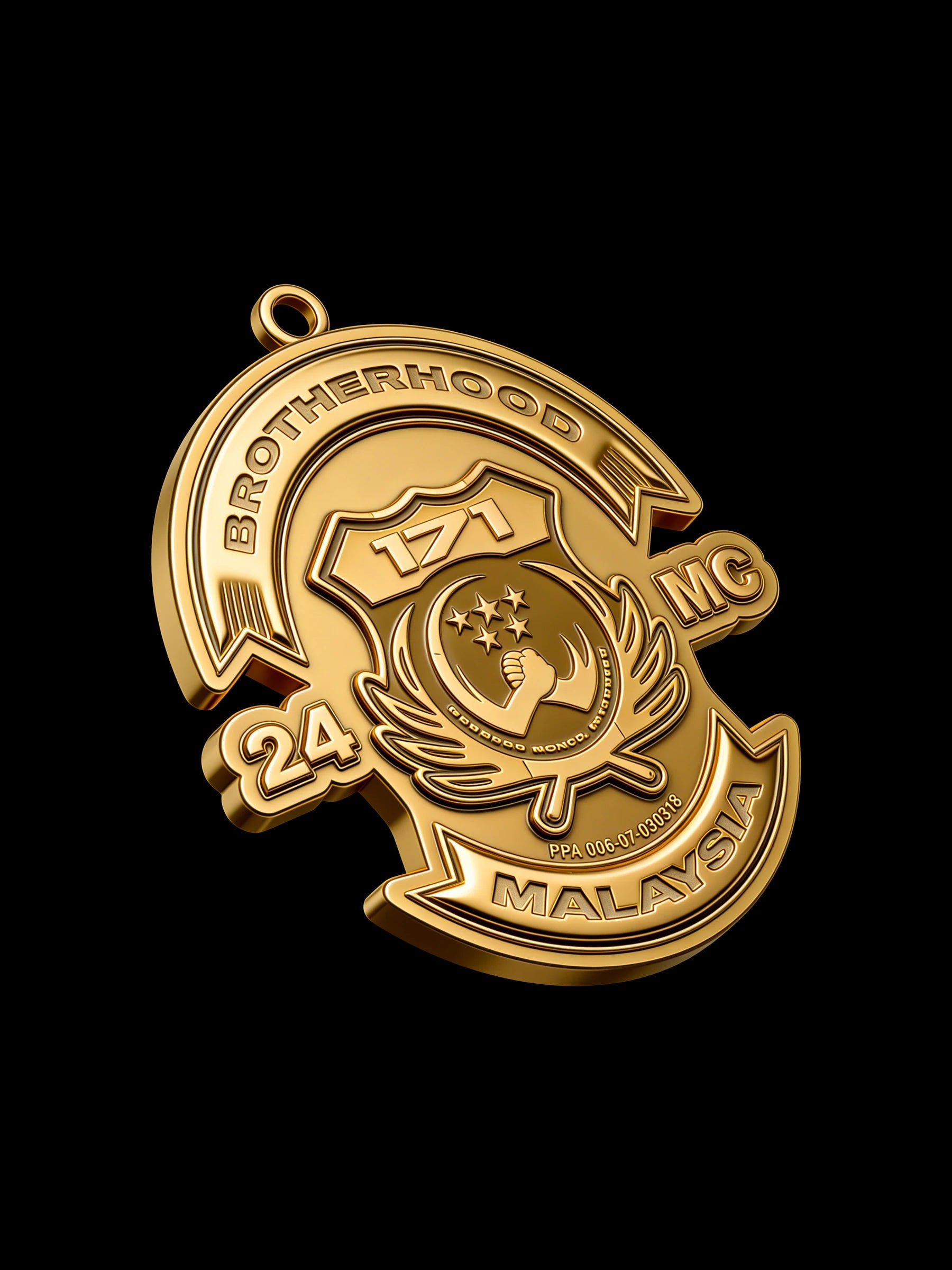 Custom crescent and star motorcycle club pendant craftsmanship reference, three quarter view