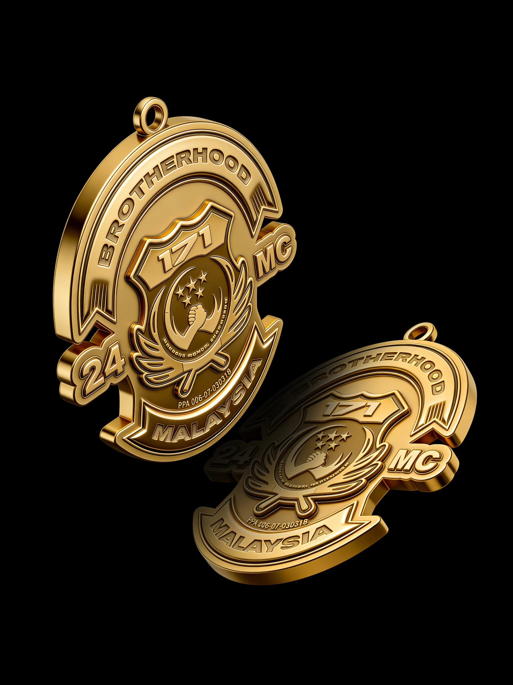 Custom crescent and star motorcycle club pendant craftsmanship reference, with chain