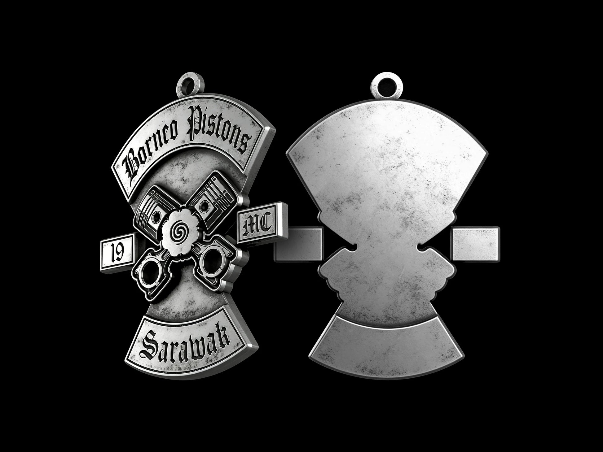 Custom crossed pistons motorcycle club pendant craftsmanship reference, back and front