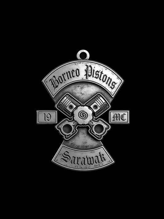 Custom crossed pistons motorcycle club pendant craftsmanship reference, front view