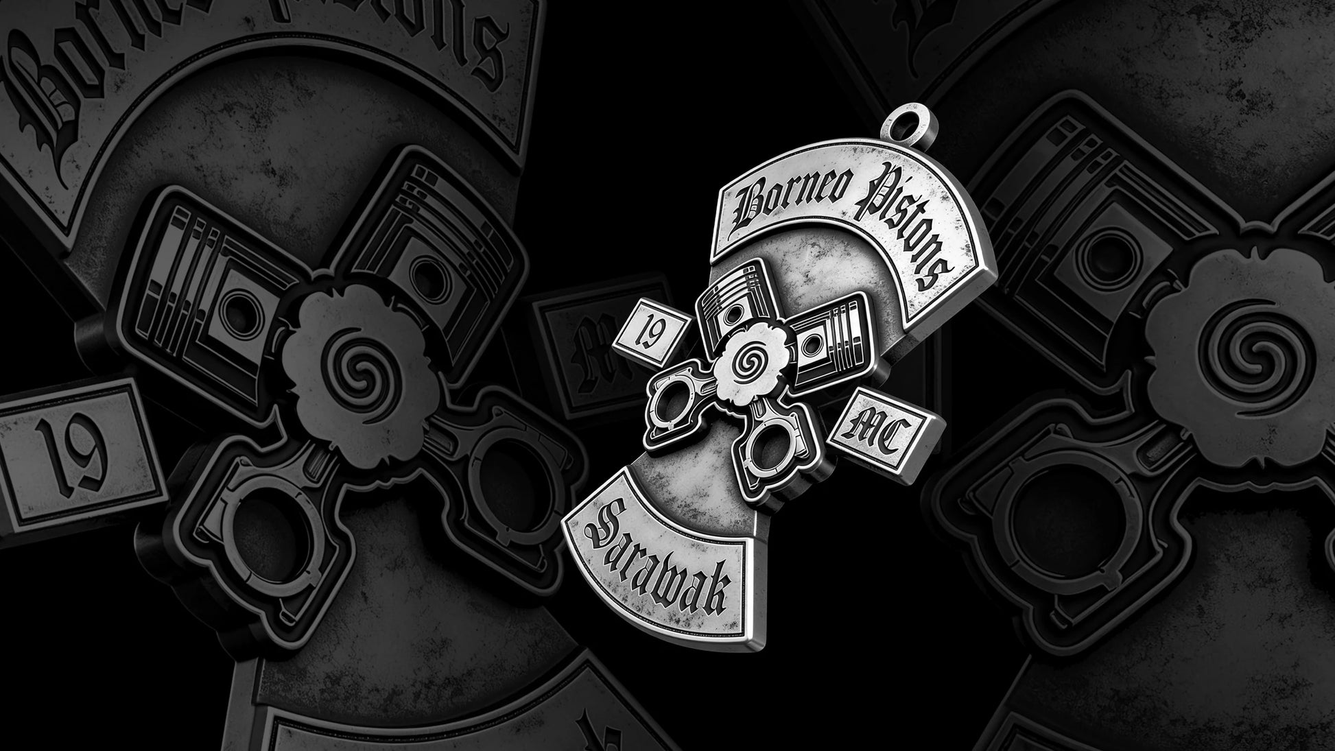 Custom crossed pistons motorcycle club pendant craftsmanship reference, gallery layout
