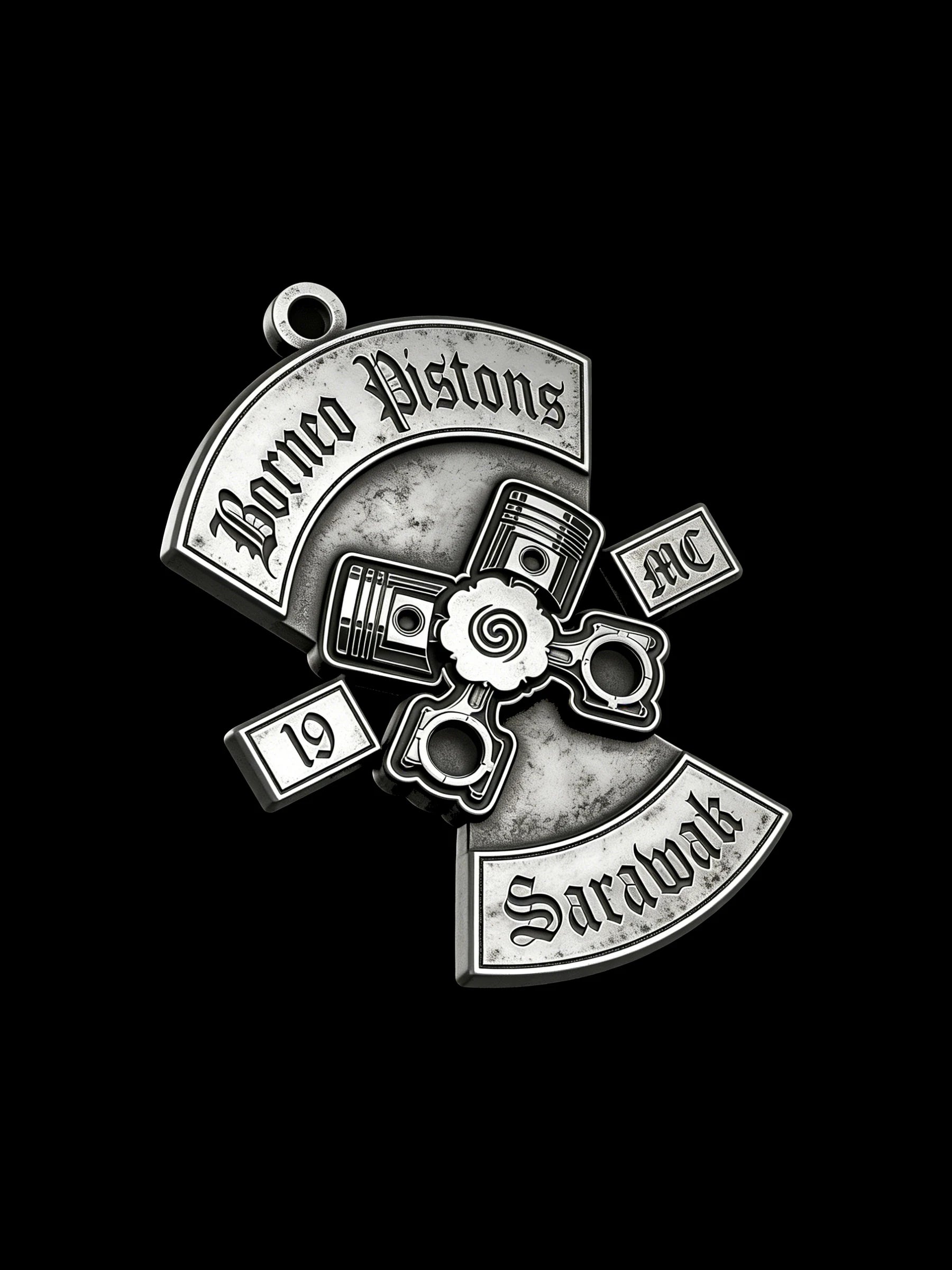 Custom crossed pistons motorcycle club pendant craftsmanship reference, left angle