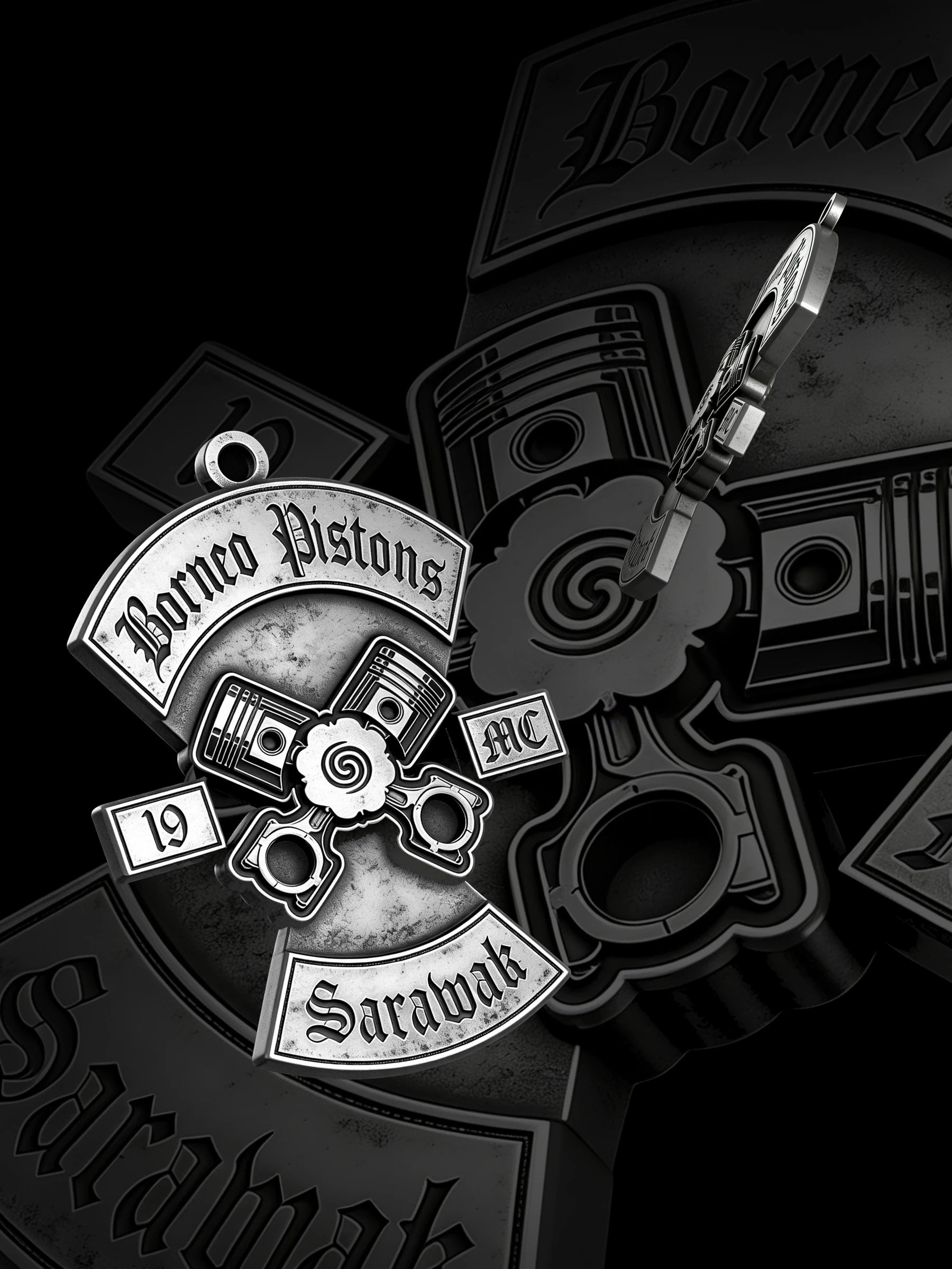 Custom crossed pistons motorcycle club pendant craftsmanship reference, paired display