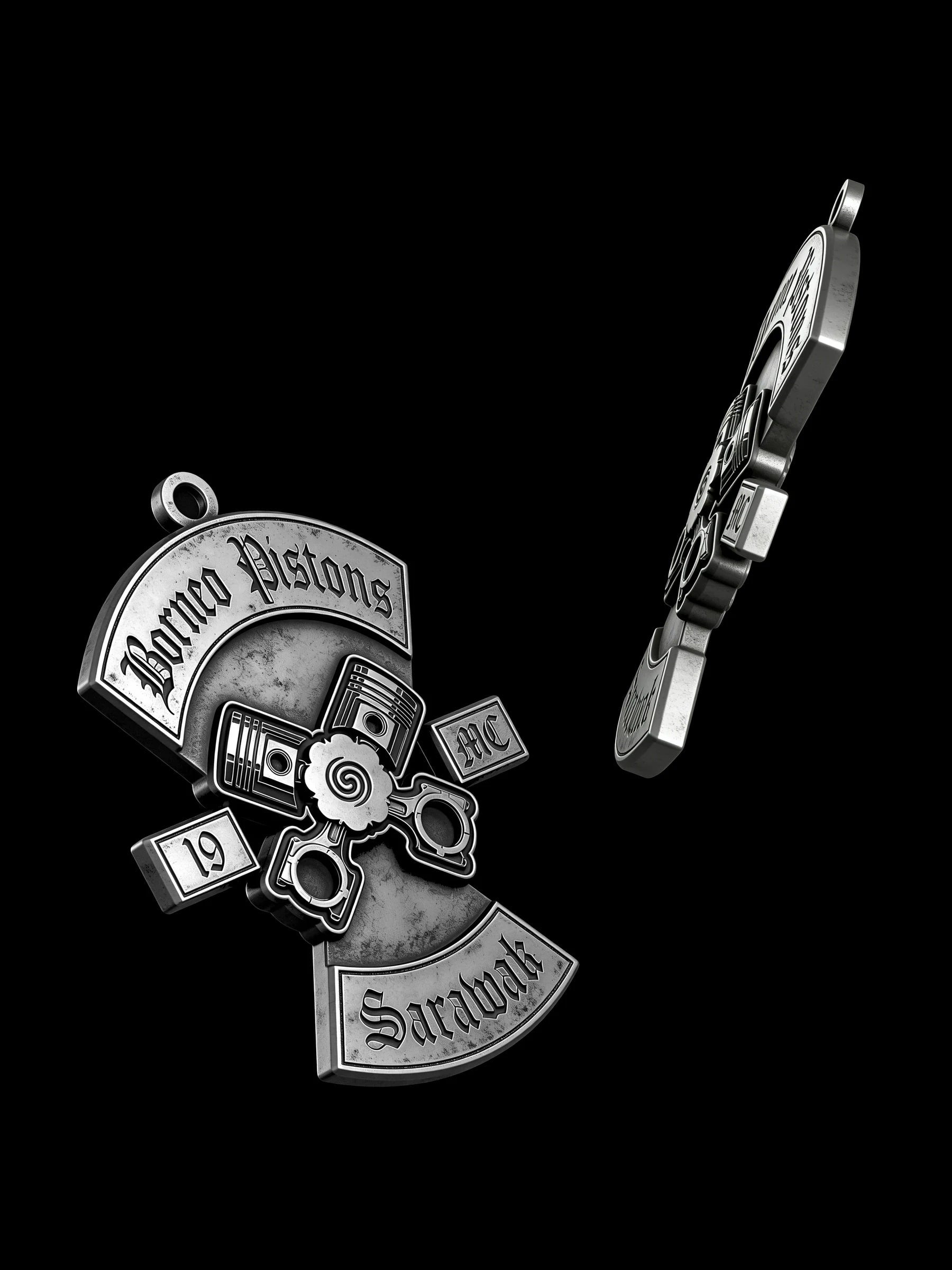 Custom crossed pistons motorcycle club pendant craftsmanship reference, raised relief detail