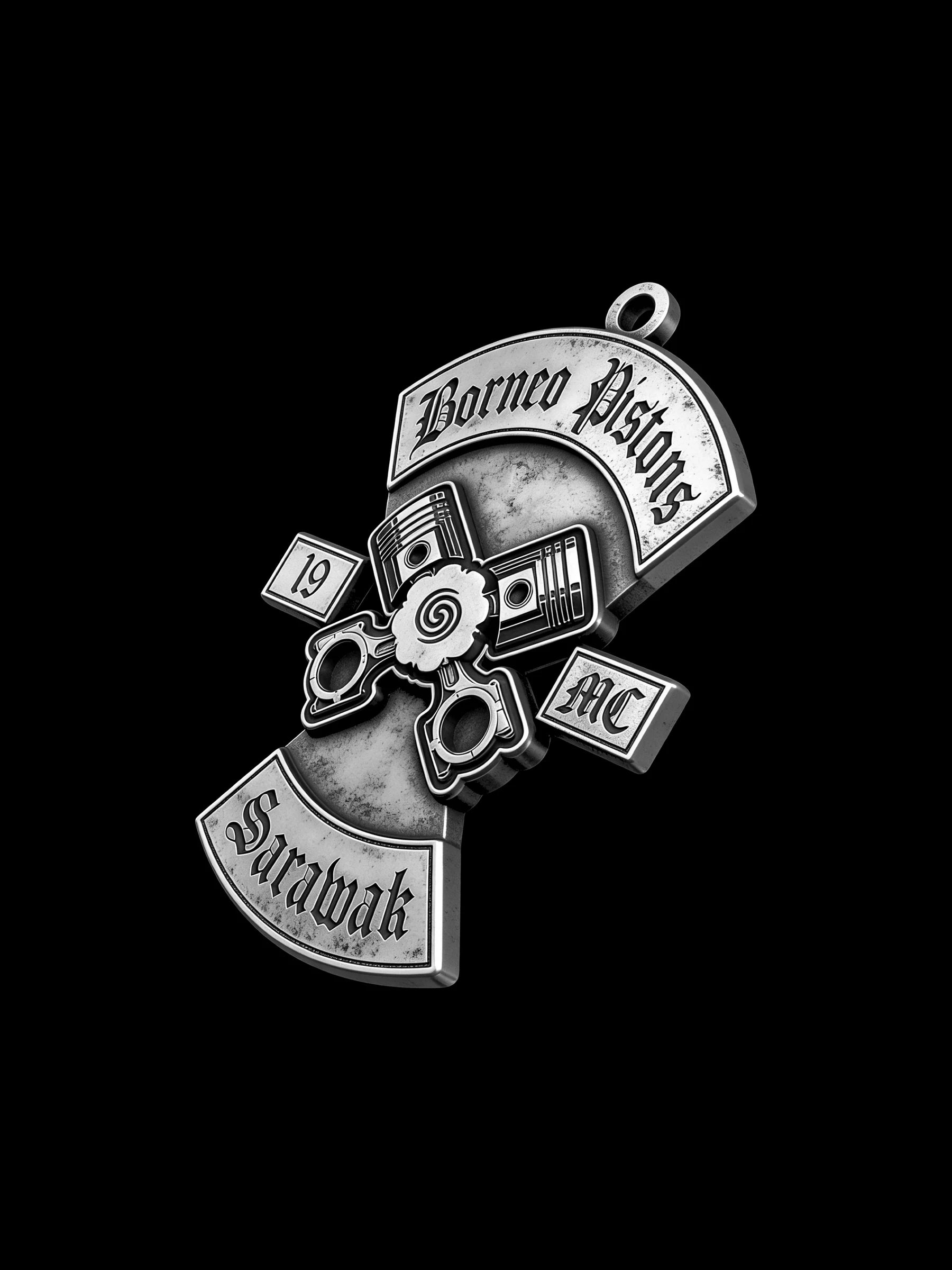 Custom crossed pistons motorcycle club pendant craftsmanship reference, right angle