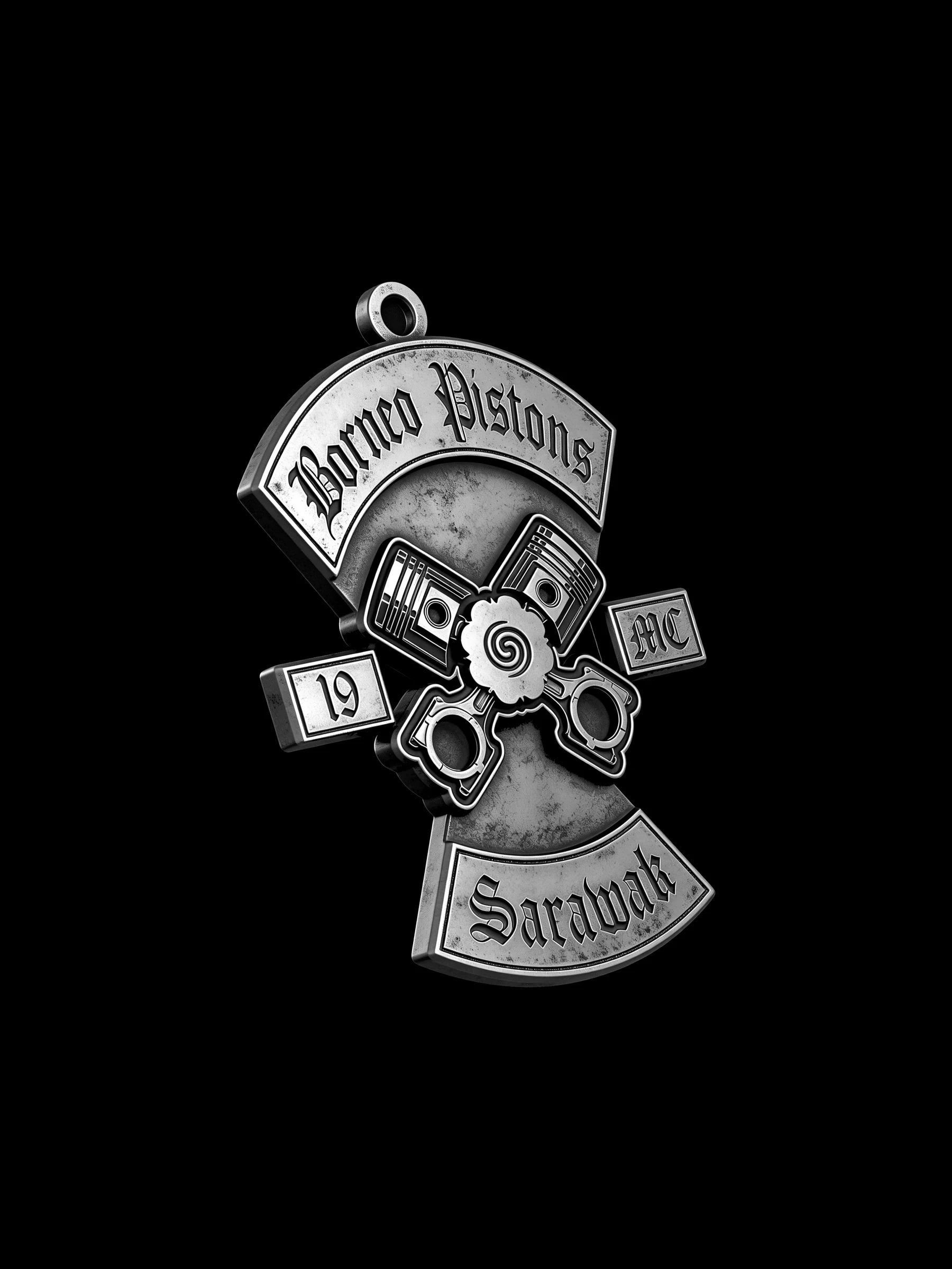 Custom crossed pistons motorcycle club pendant craftsmanship reference, three quarter view