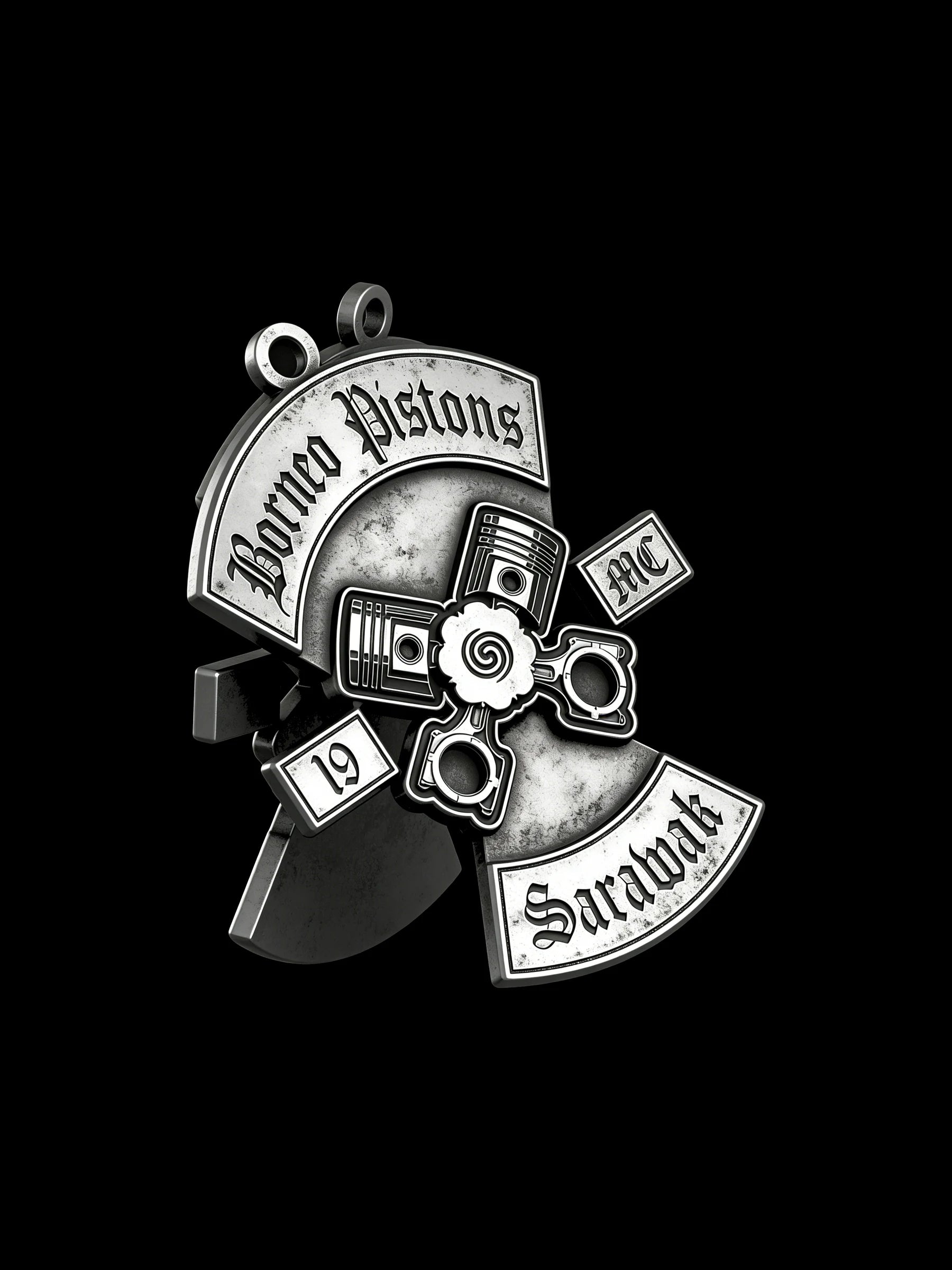 Custom crossed pistons motorcycle club pendant craftsmanship reference, with chain
