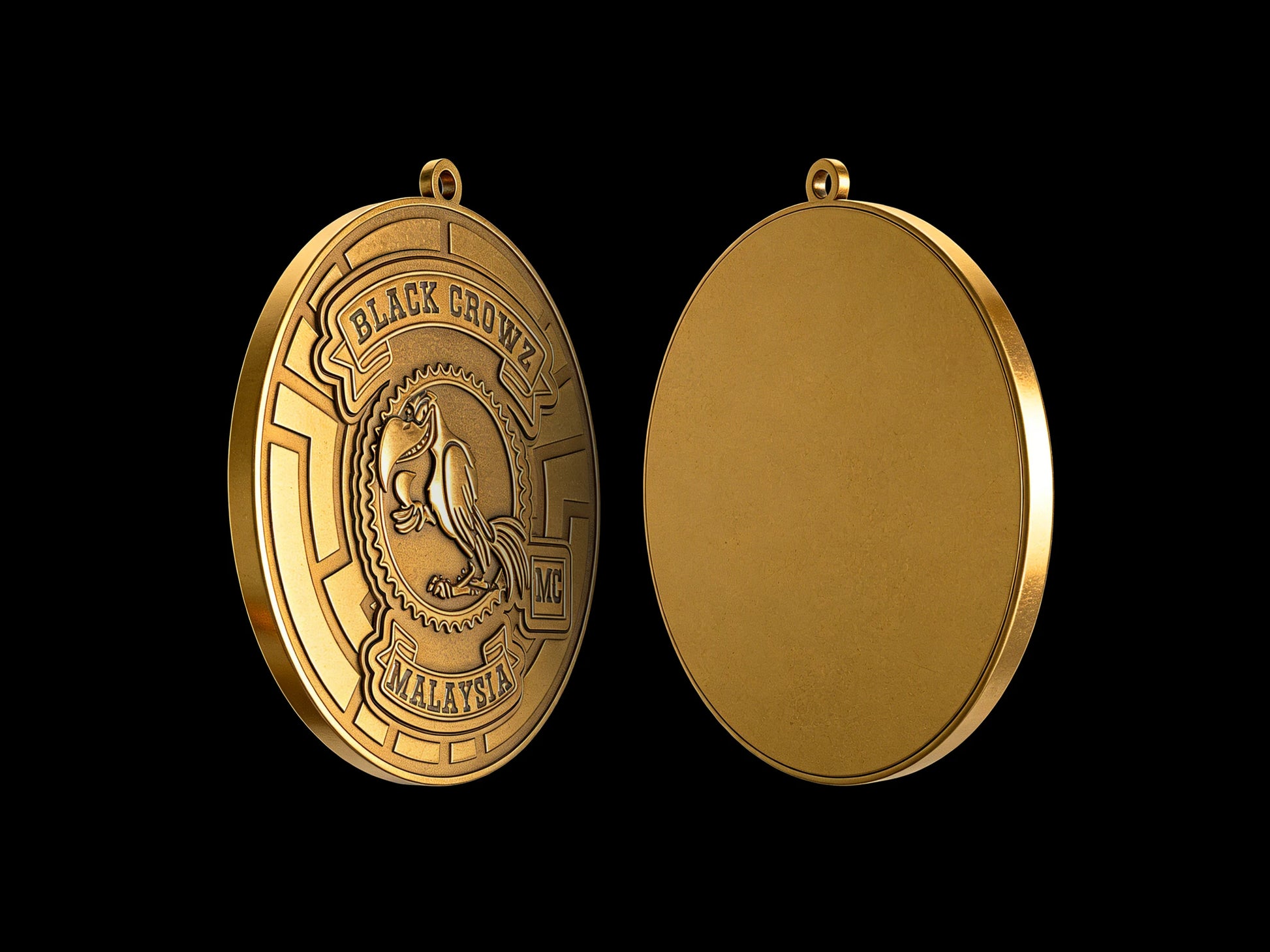 Custom crow maze motorcycle club pendant craftsmanship reference, back and front