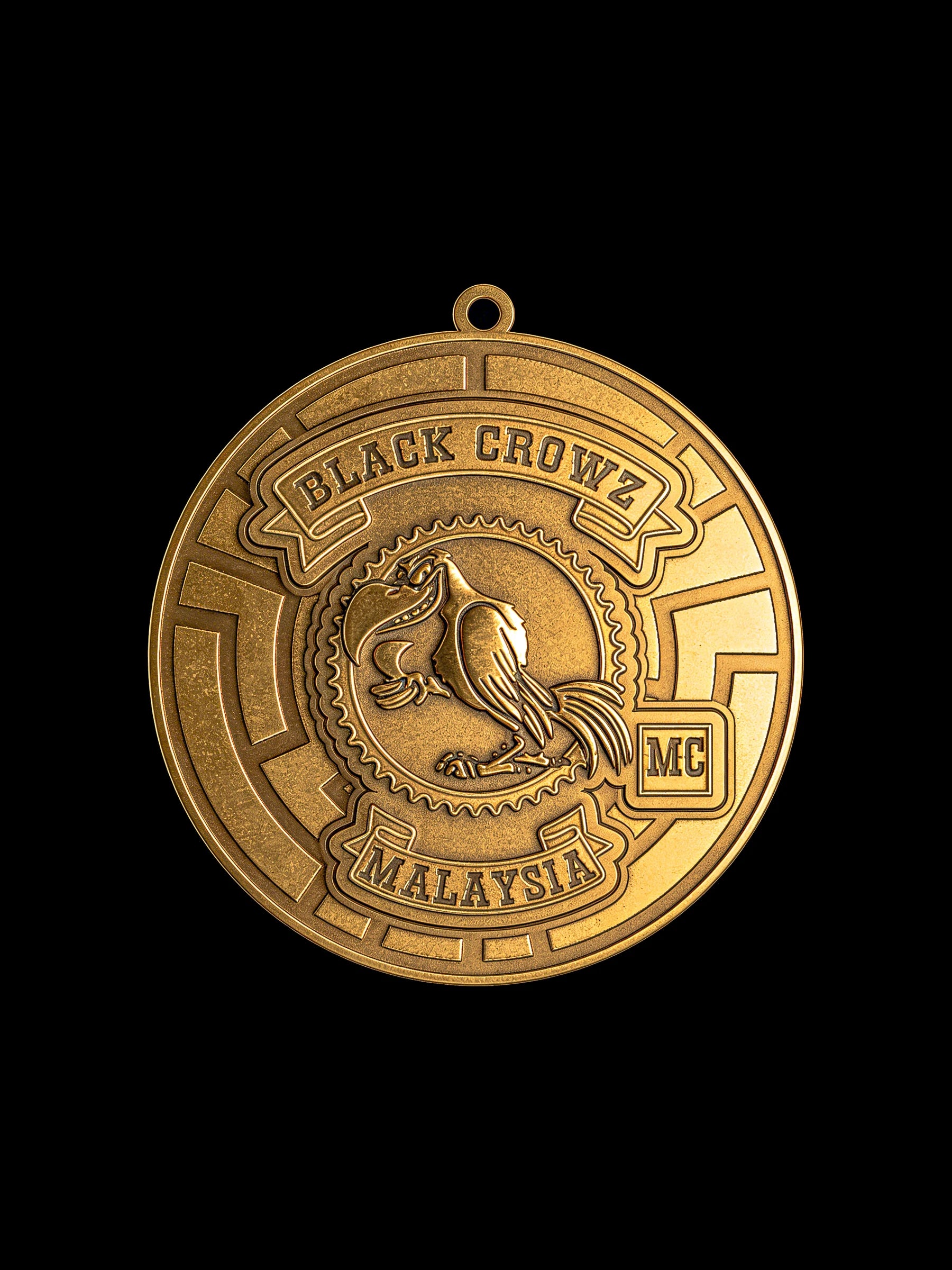 Custom crow maze motorcycle club pendant craftsmanship reference, front view