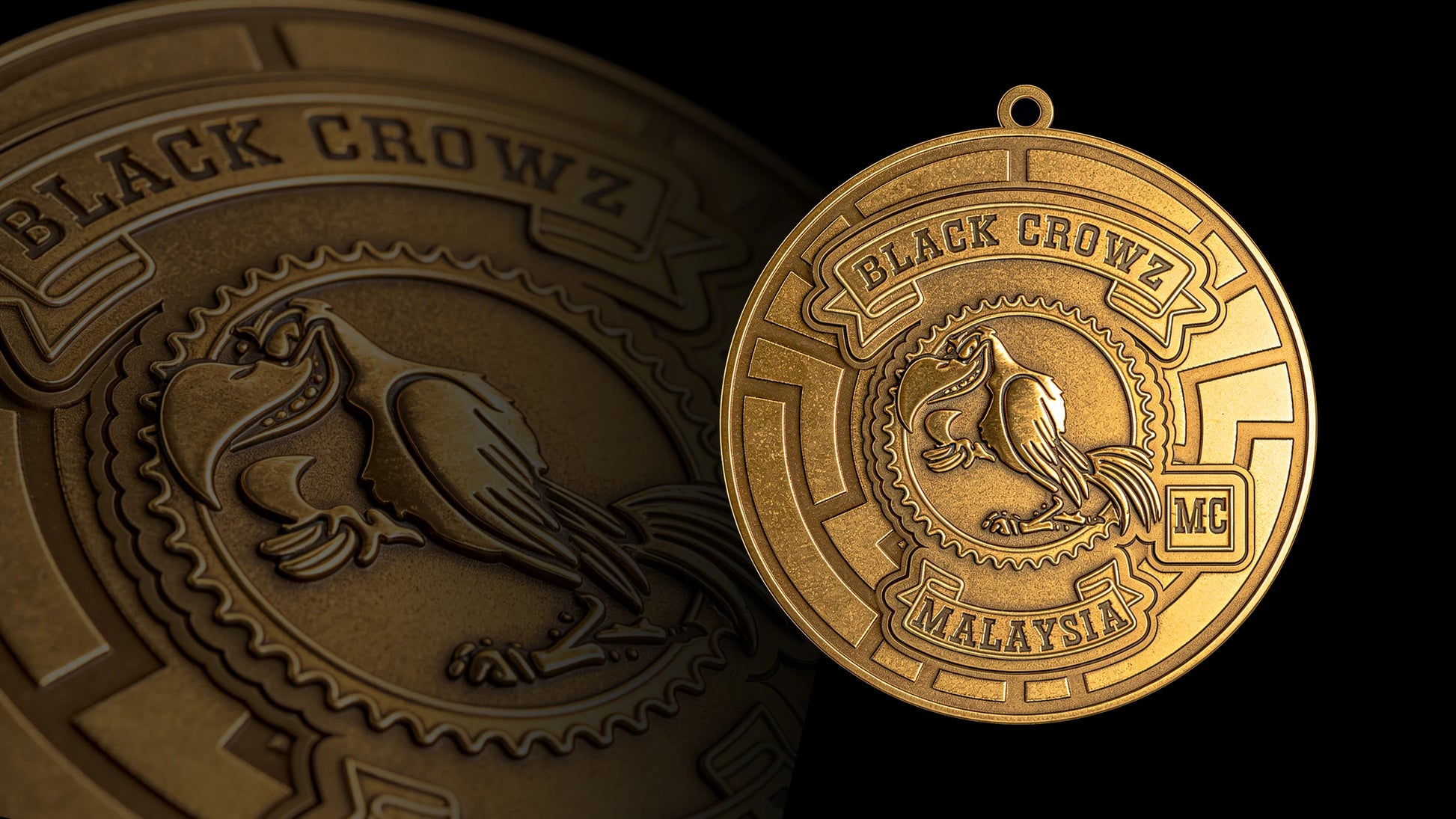Custom crow maze motorcycle club pendant craftsmanship reference, gallery layout