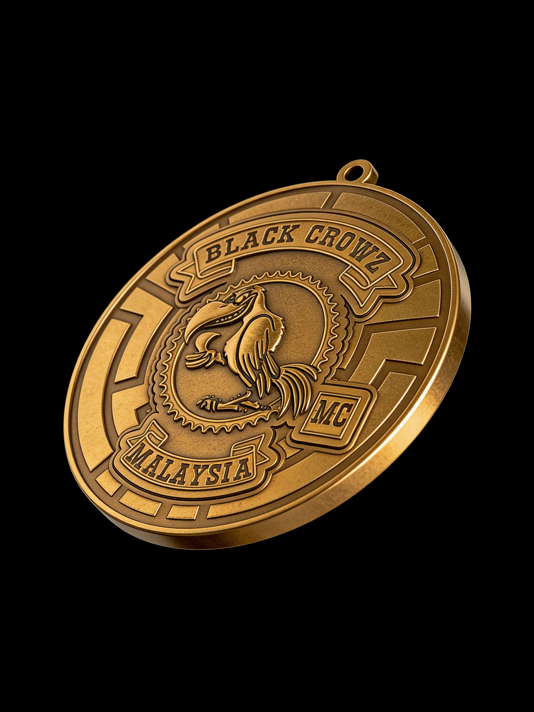 Custom crow maze motorcycle club pendant craftsmanship reference, left angle