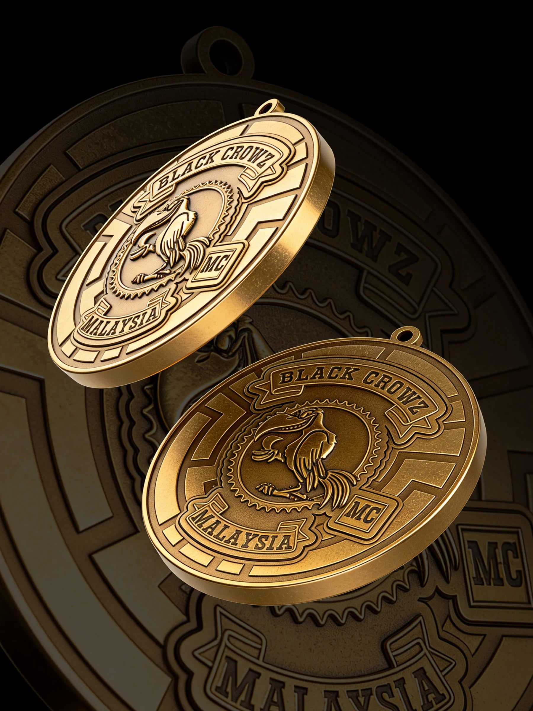 Custom crow maze motorcycle club pendant craftsmanship reference, paired display