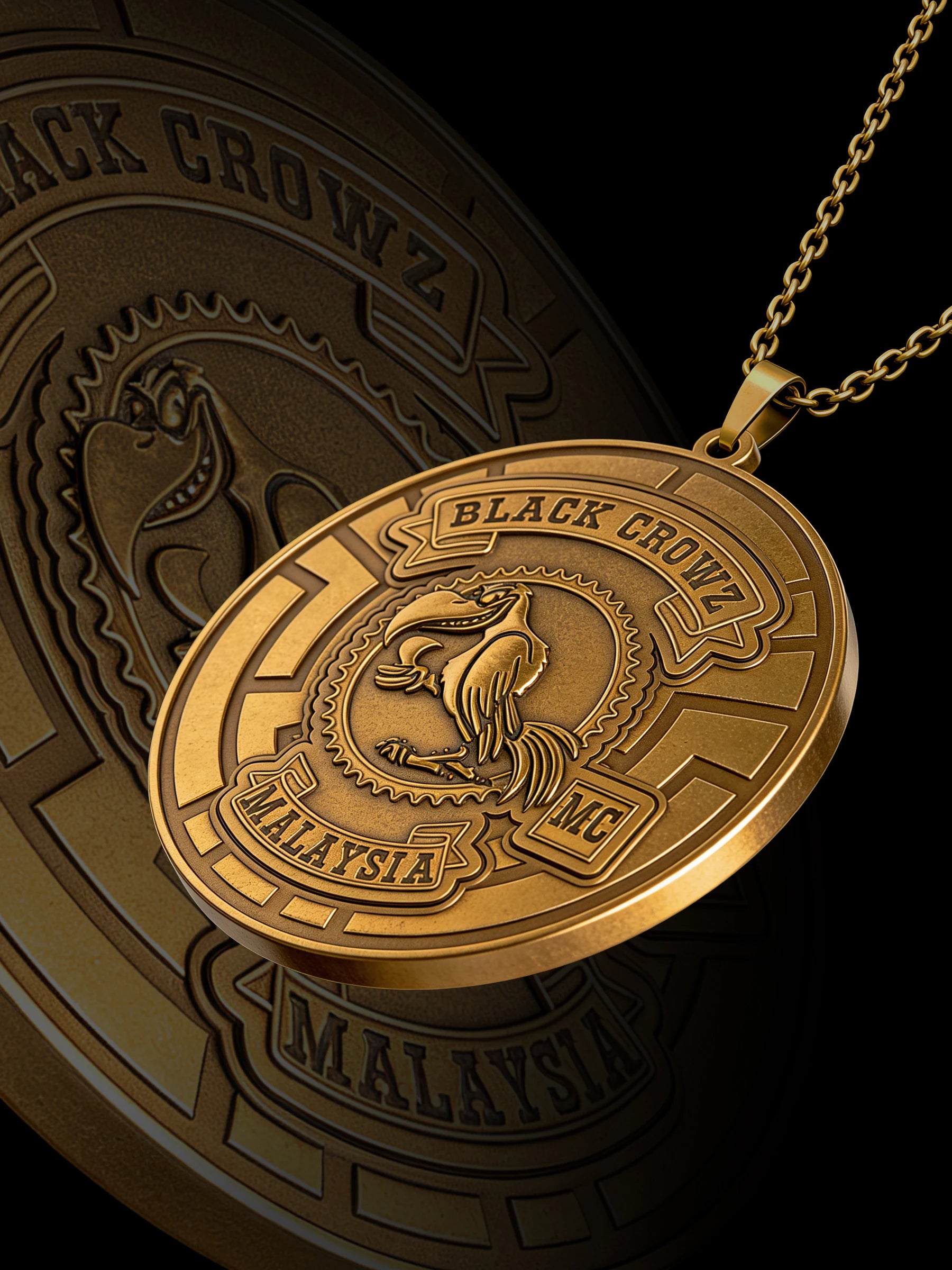Custom crow maze motorcycle club pendant craftsmanship reference, raised relief detail